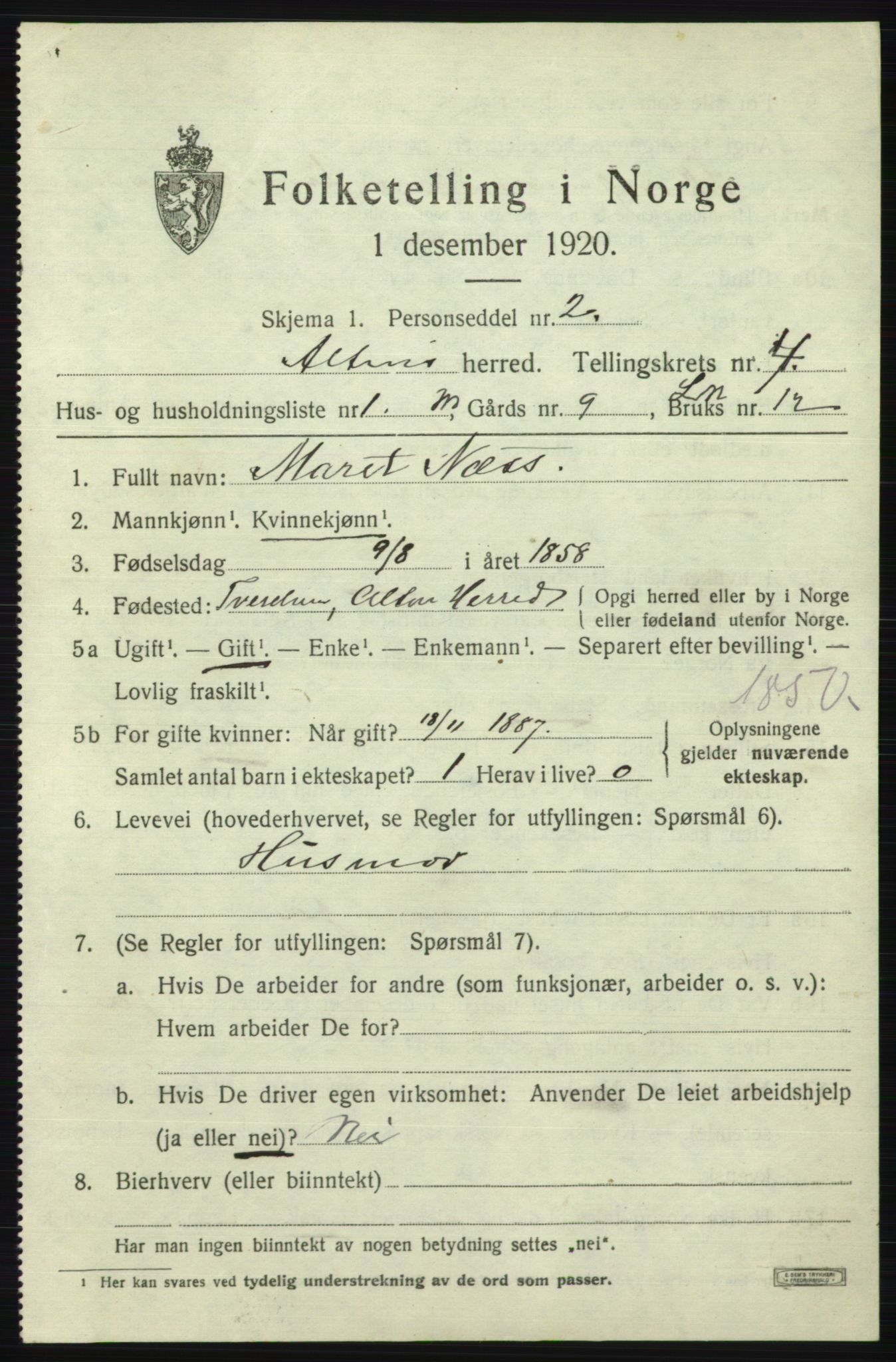 SATØ, 1920 census for Alta, 1920, p. 2599