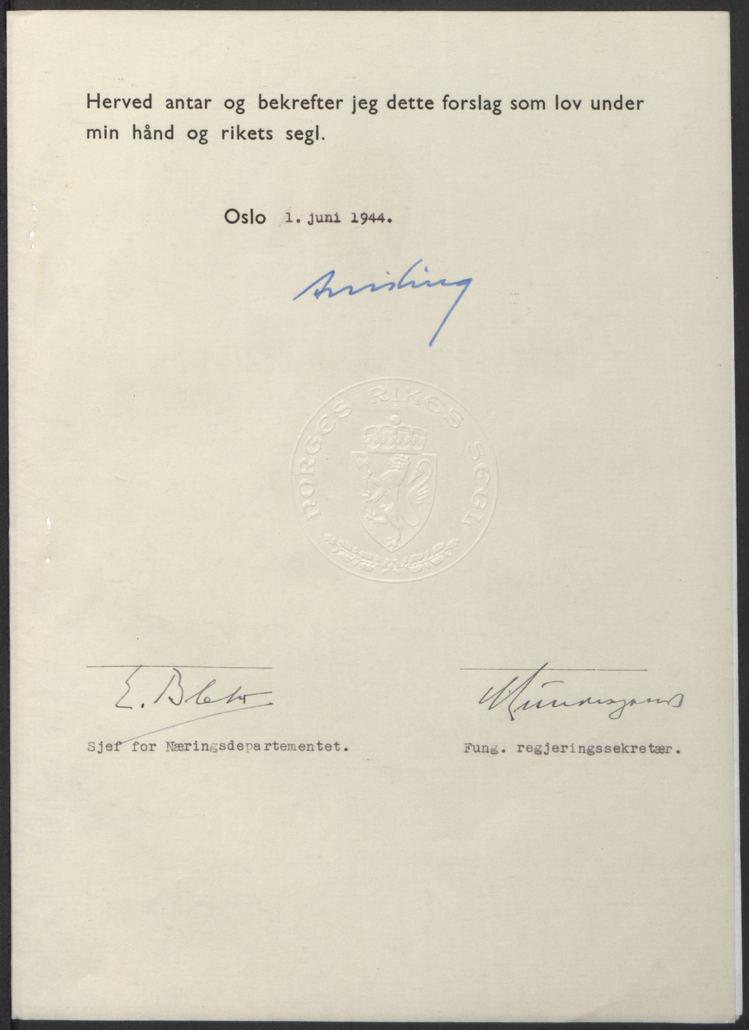 NS-administrasjonen 1940-1945 (Statsrådsekretariatet, de kommisariske statsråder mm), AV/RA-S-4279/D/Db/L0100: Lover, 1944, p. 259