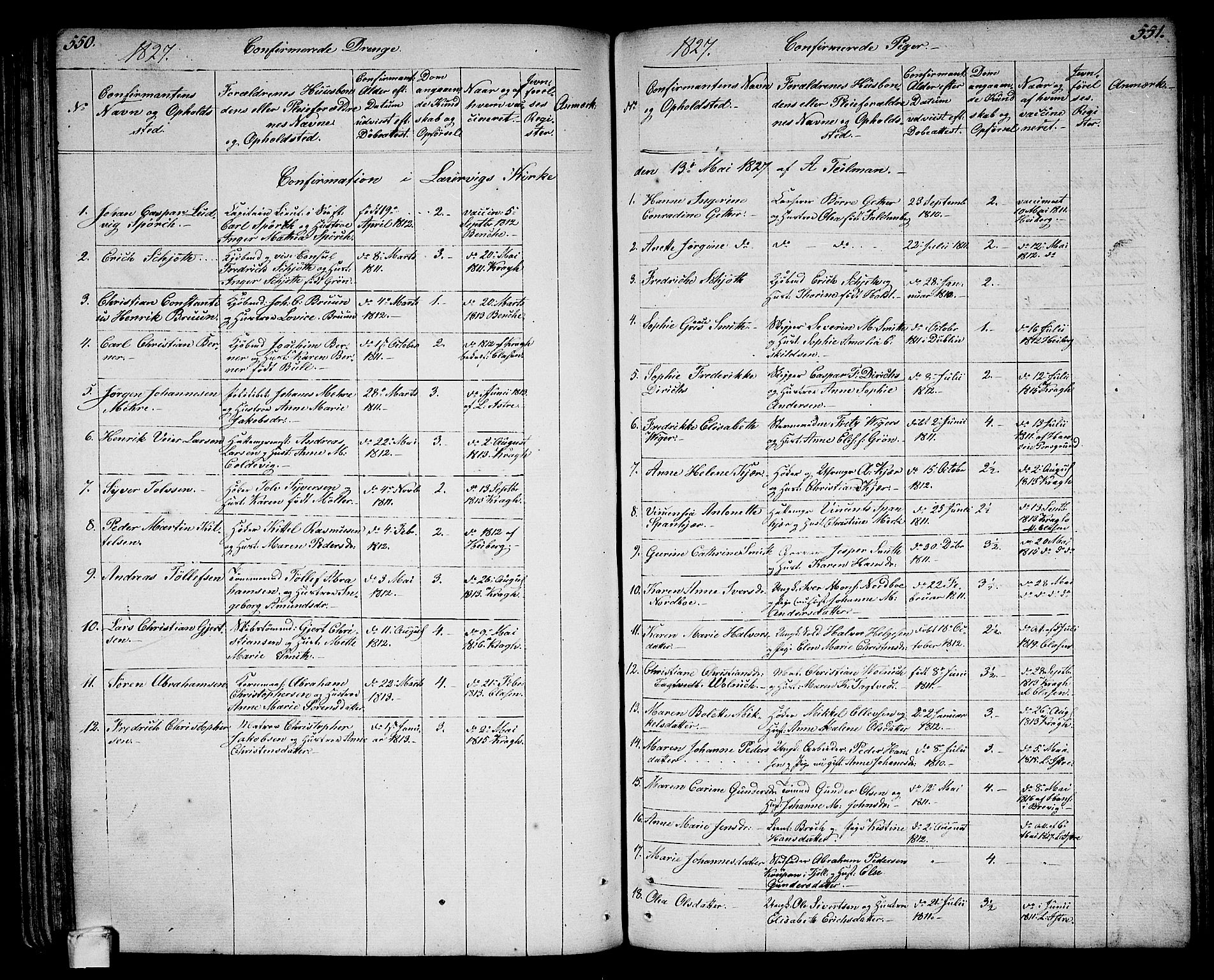 Larvik kirkebøker, AV/SAKO-A-352/G/Ga/L0002: Parish register (copy) no. I 2, 1807-1830, p. 550-551