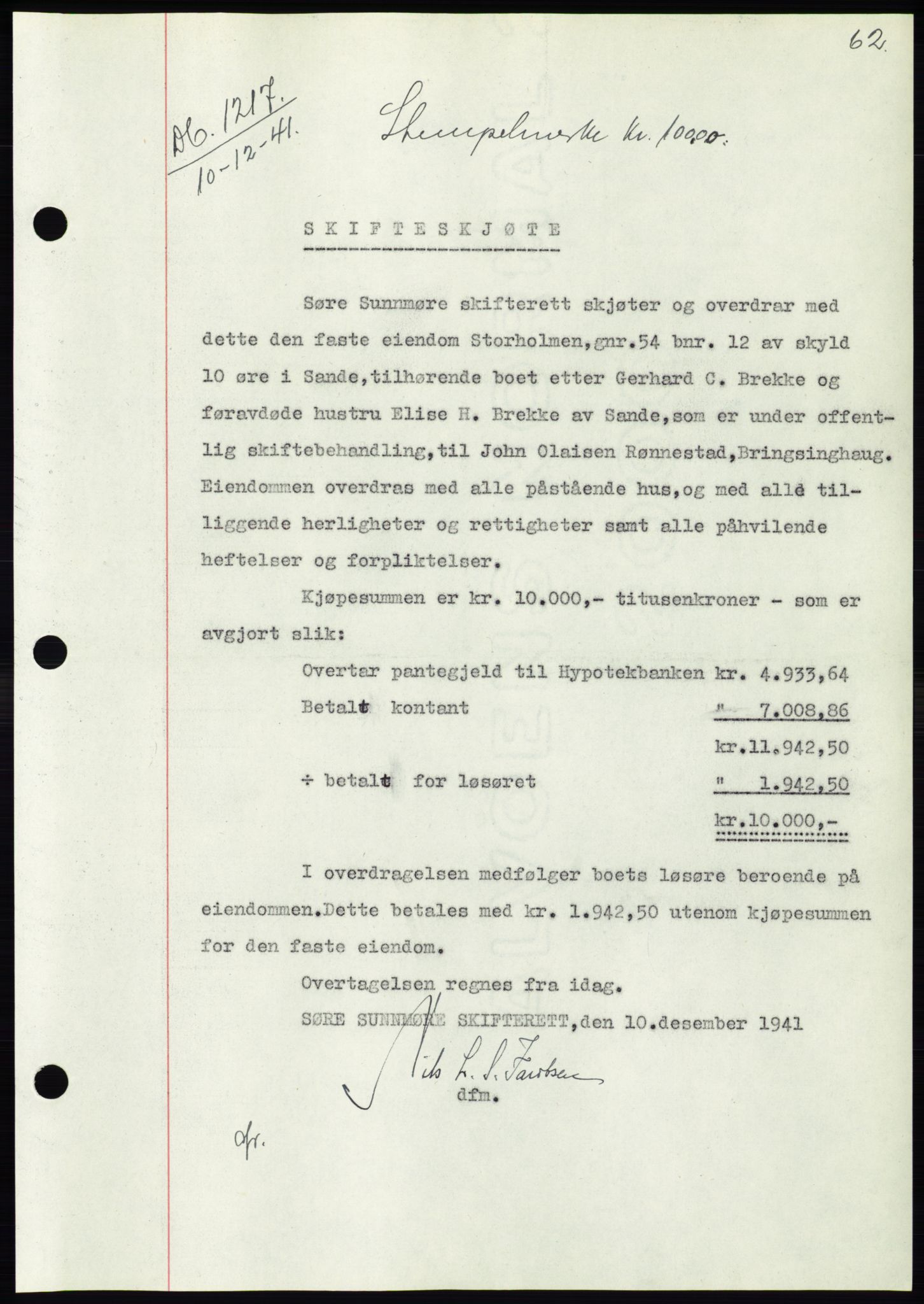 Søre Sunnmøre sorenskriveri, AV/SAT-A-4122/1/2/2C/L0073: Mortgage book no. 67, 1941-1942, Diary no: : 1217/1941