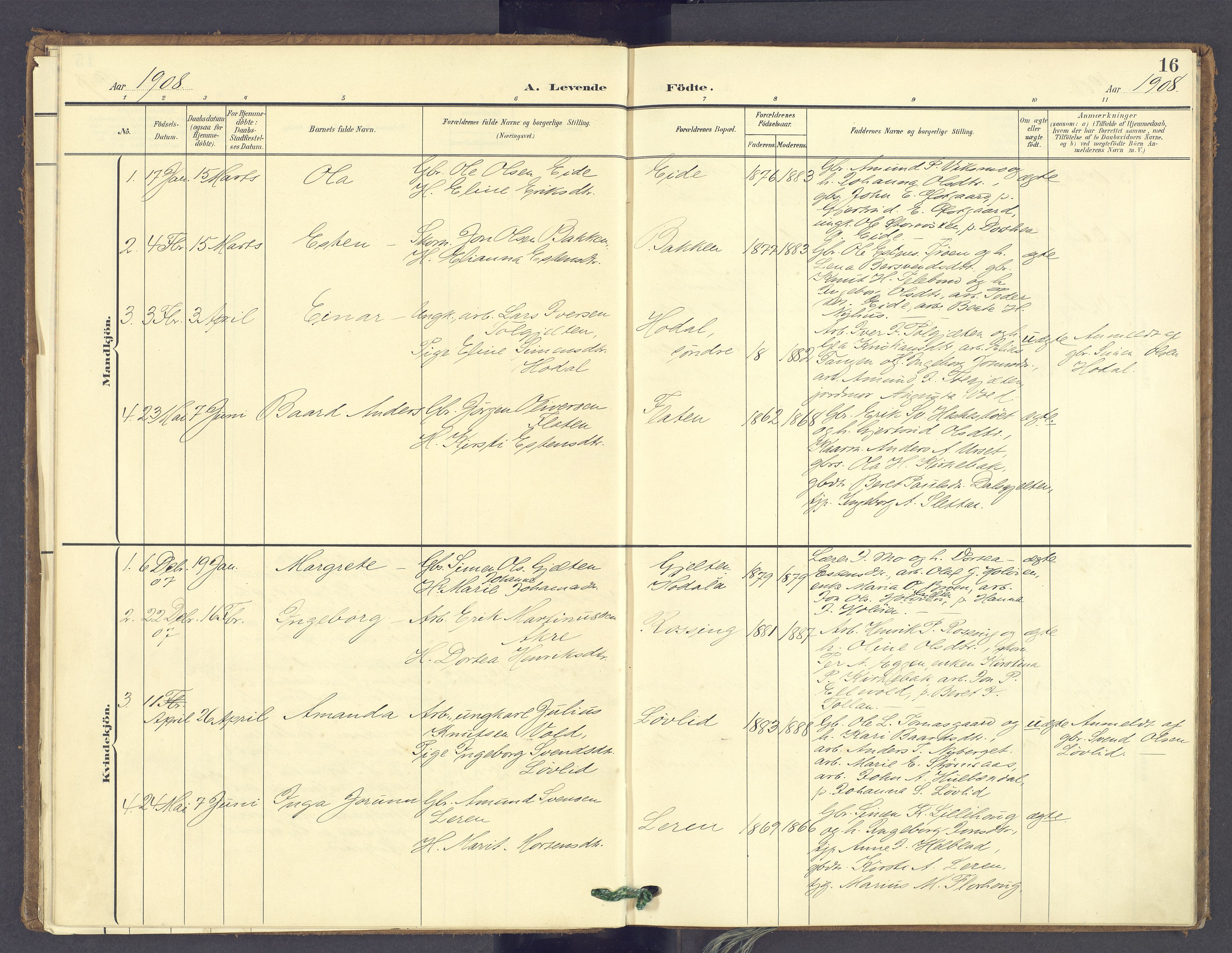 Tolga prestekontor, SAH/PREST-062/K/L0014: Parish register (official) no. 14, 1903-1929, p. 16