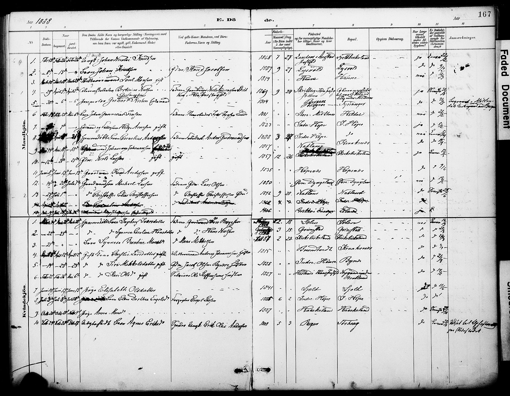 Fana Sokneprestembete, SAB/A-75101/H/Haa/Haai/L0002: Parish register (official) no. I 2, 1888-1899, p. 167