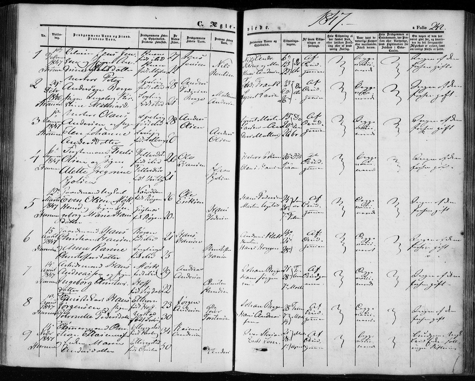 Hurum kirkebøker, SAKO/A-229/F/Fa/L0011: Parish register (official) no. 11, 1847-1860, p. 242