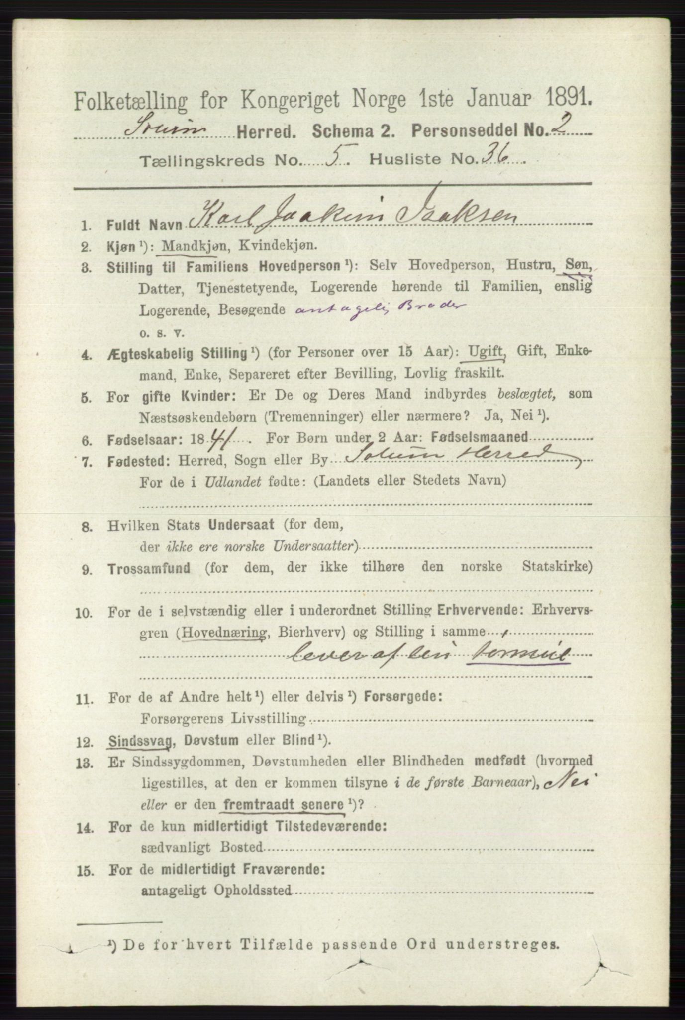 RA, 1891 census for 0818 Solum, 1891, p. 1056