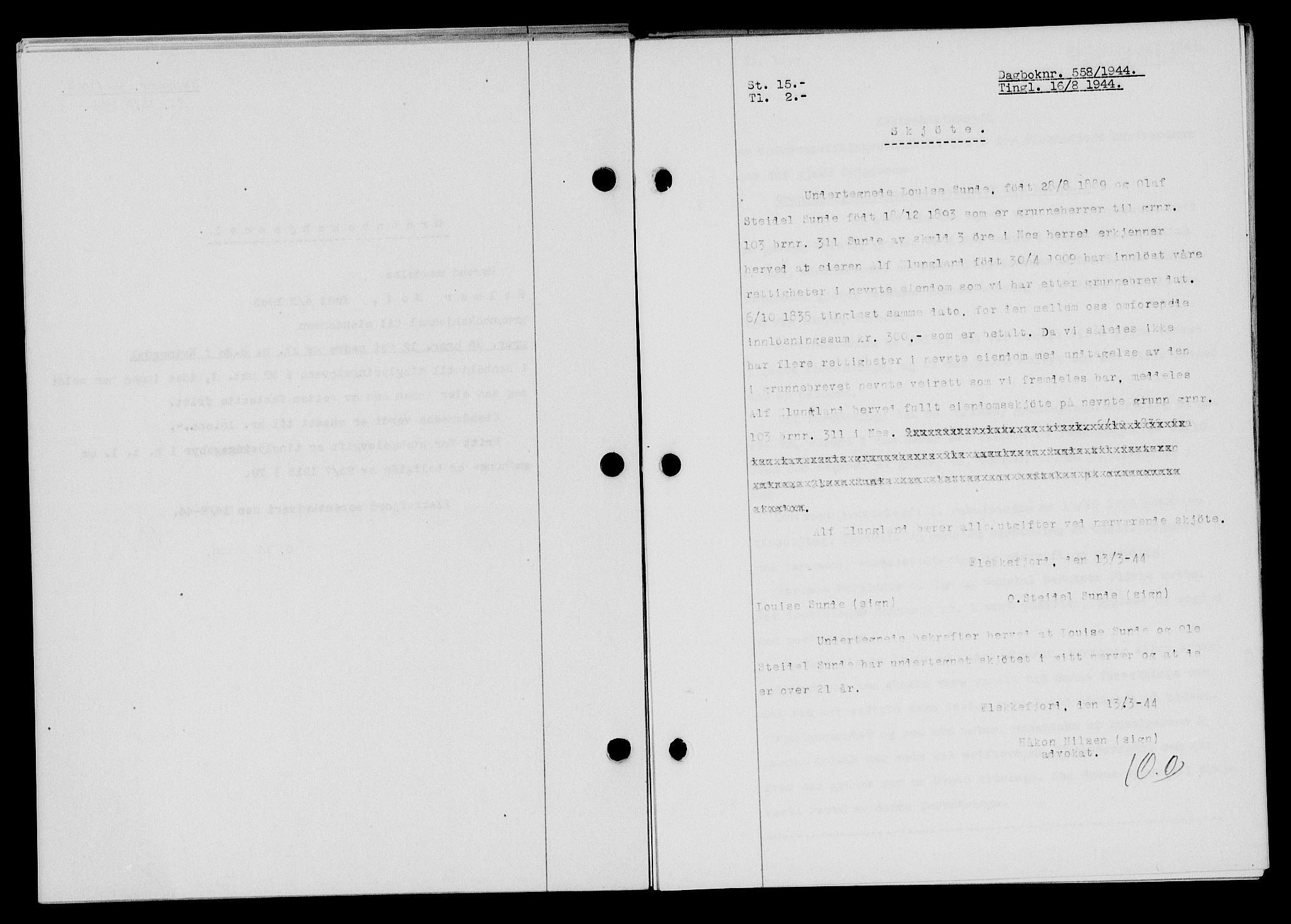 Flekkefjord sorenskriveri, SAK/1221-0001/G/Gb/Gba/L0059: Mortgage book no. A-7, 1944-1945, Diary no: : 558/1944