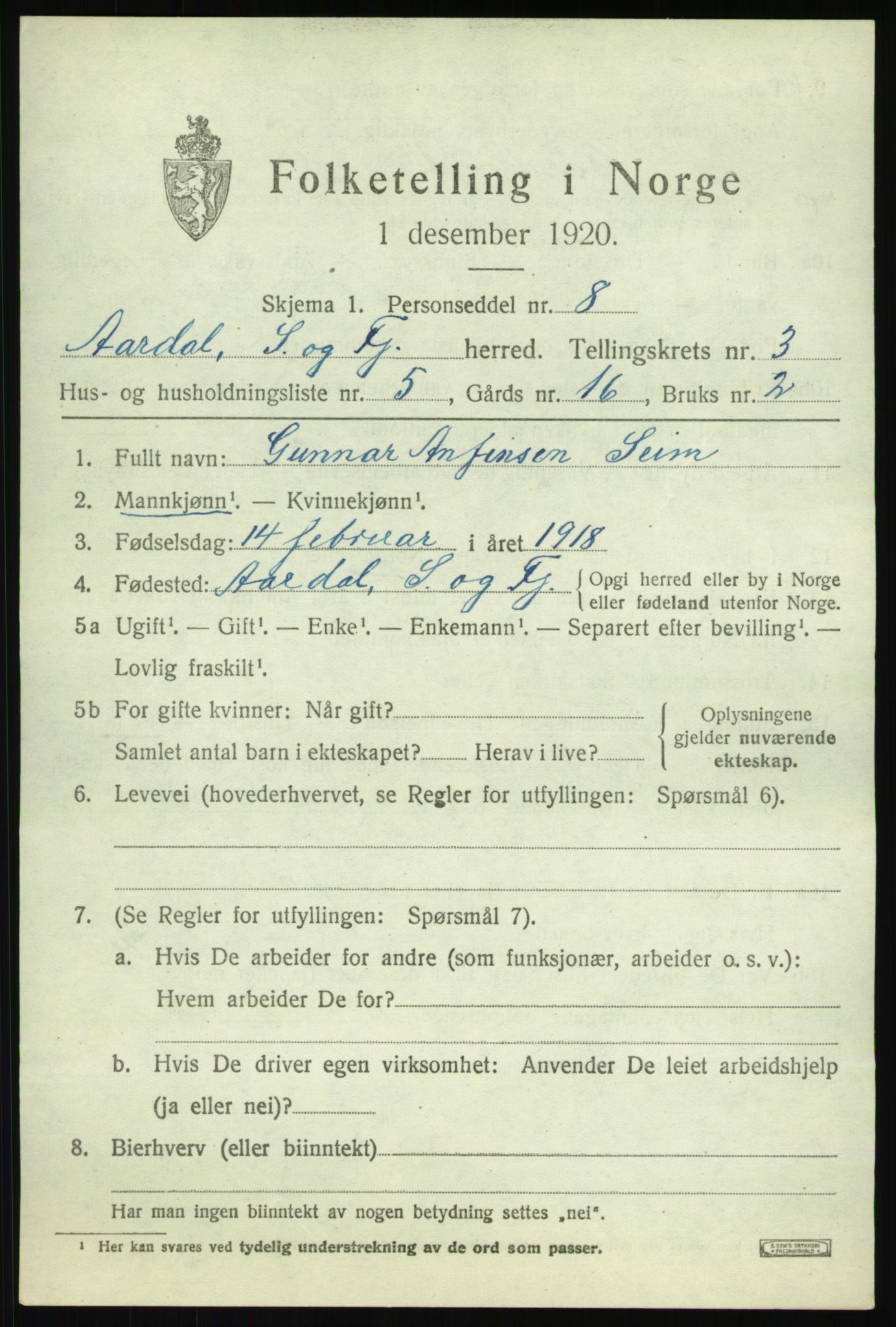 SAB, 1920 census for Årdal, 1920, p. 1593