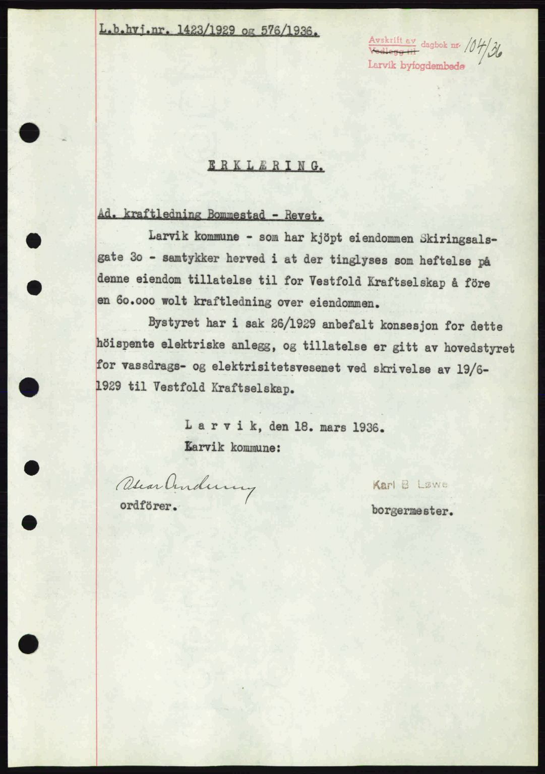 Larvik sorenskriveri, SAKO/A-83/G/Ga/Gab/L0067: Mortgage book no. A-1, 1936-1937, Diary no: : 104/1936