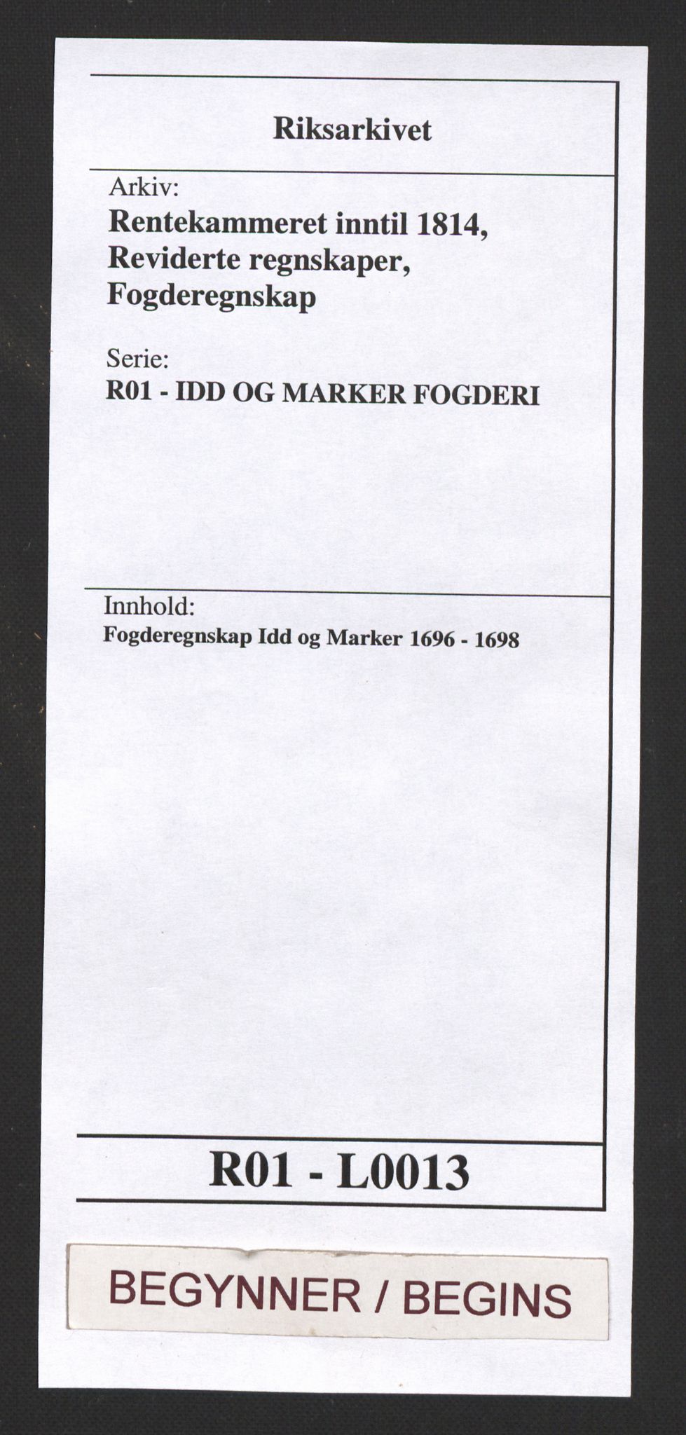 Rentekammeret inntil 1814, Reviderte regnskaper, Fogderegnskap, RA/EA-4092/R01/L0013: Fogderegnskap Idd og Marker, 1696-1698, p. 1