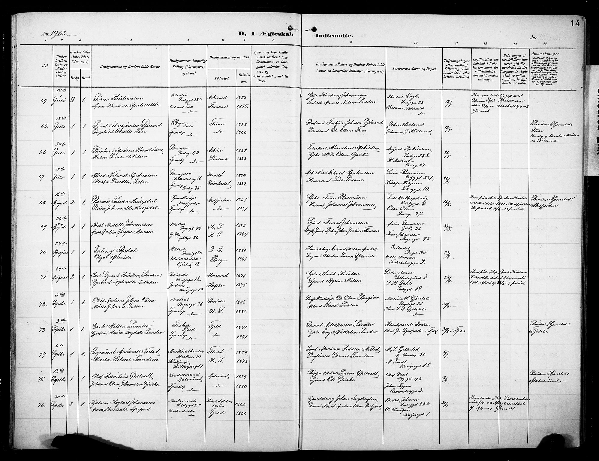 Sandviken Sokneprestembete, AV/SAB-A-77601/H/Hb/L0014: Parish register (copy) no. D 1, 1902-1929, p. 14