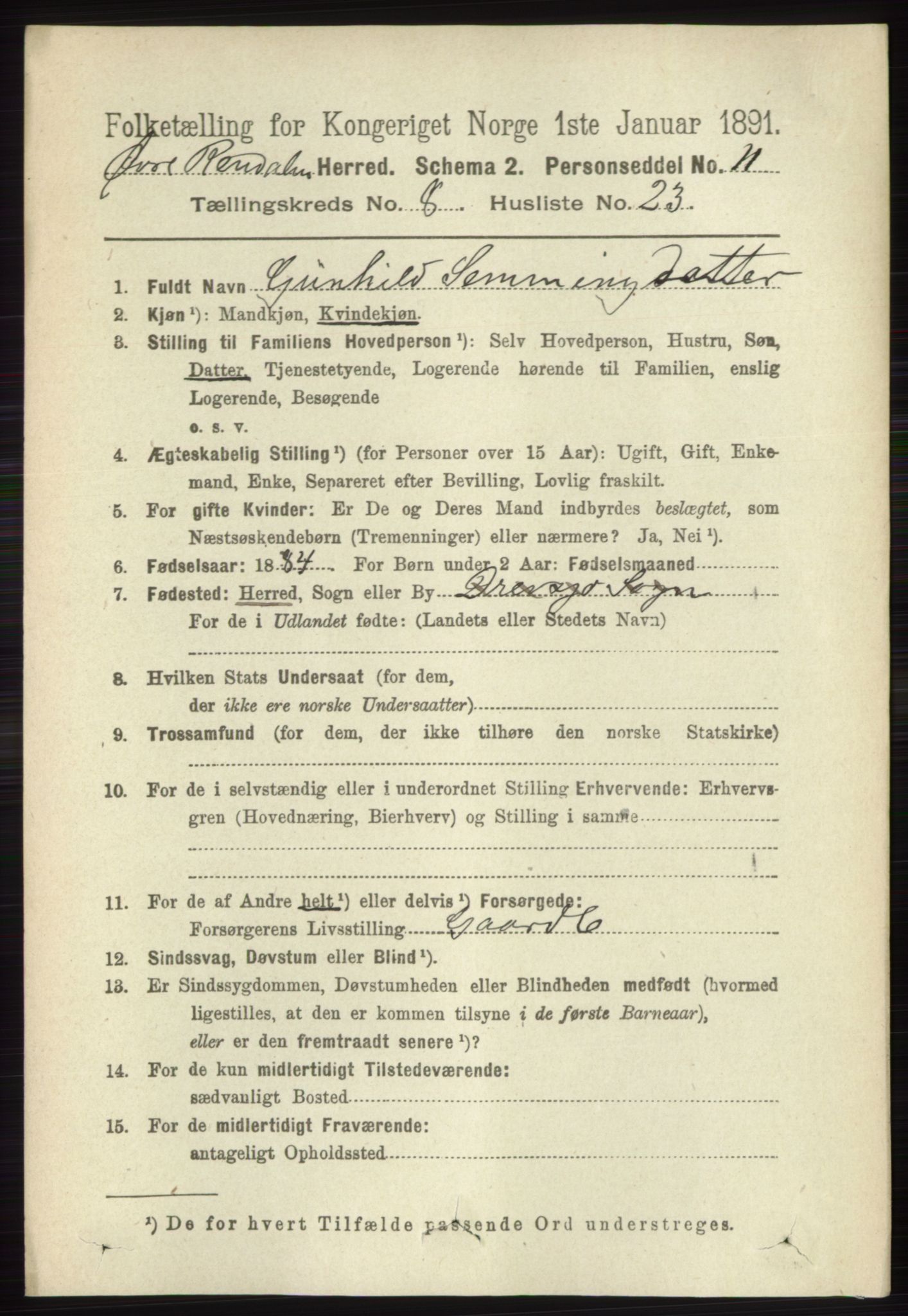 RA, 1891 census for 0433 Øvre Rendal, 1891, p. 2161