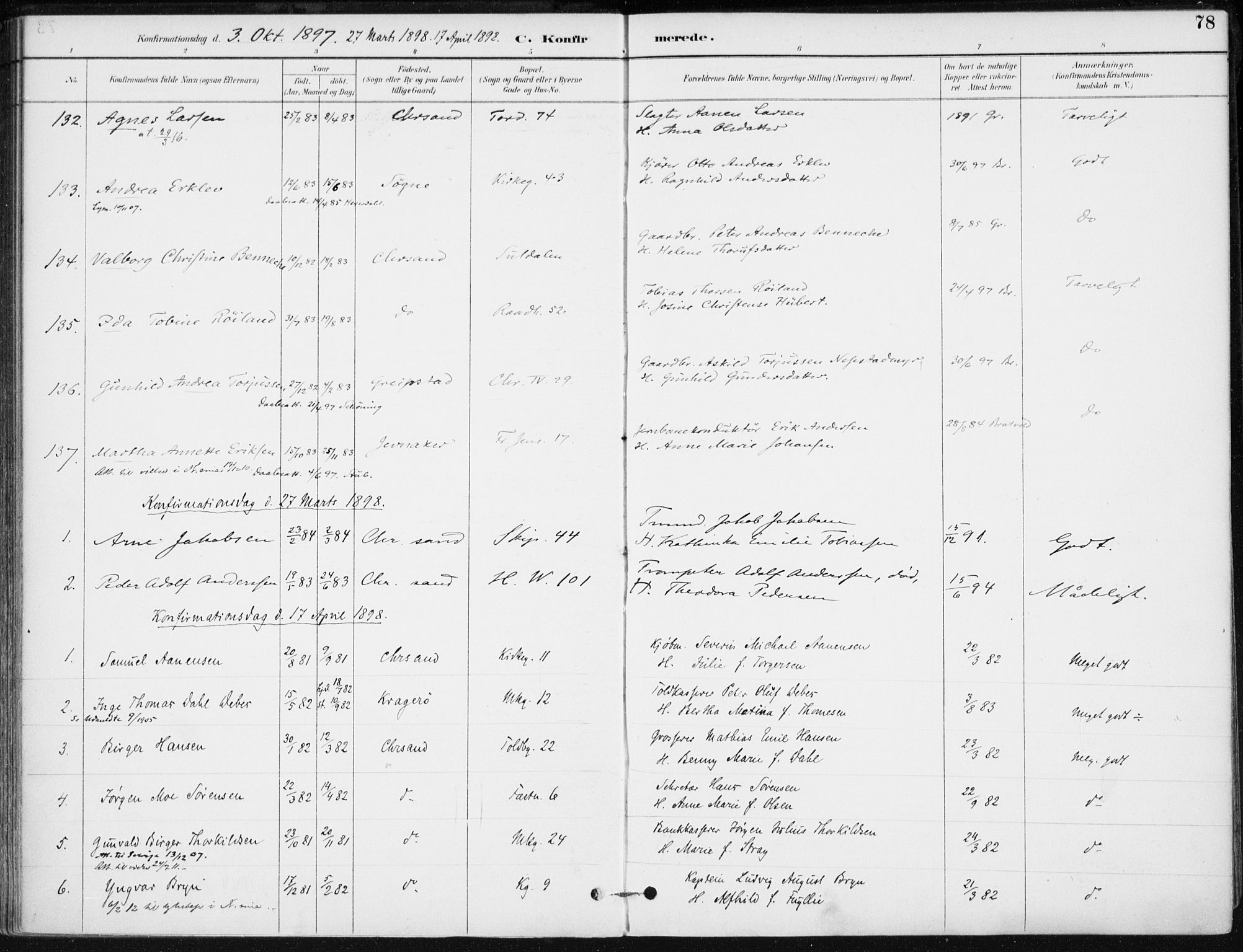 Kristiansand domprosti, AV/SAK-1112-0006/F/Fa/L0020: Parish register (official) no. A 19, 1893-1904, p. 78