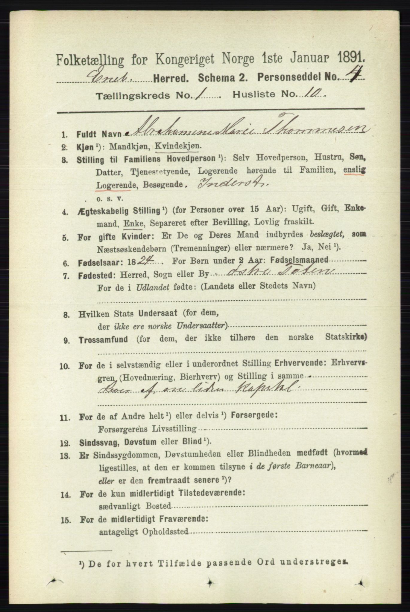 RA, 1891 census for 0229 Enebakk, 1891, p. 185