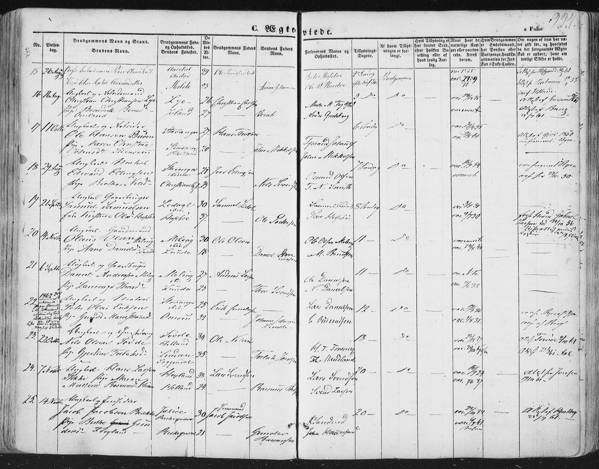 Hetland sokneprestkontor, AV/SAST-A-101826/30/30BA/L0002: Parish register (official) no. A 2, 1849-1869, p. 224