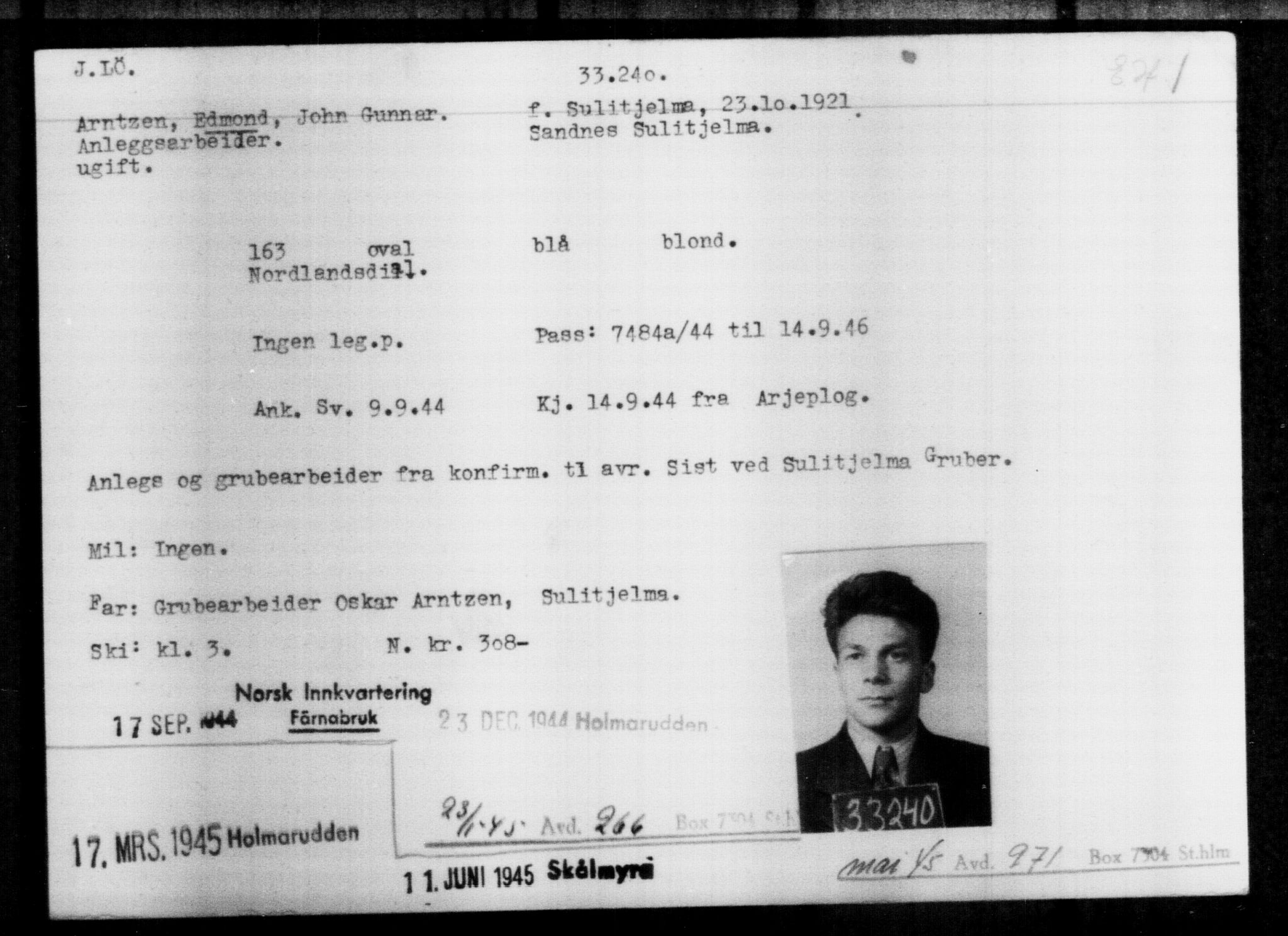 Utenriksstasjonene, Legasjonen i Stockholm, Flyktningkontoret, AV/RA-S-6753/V/Va/L0013: Kjesäterkartoteket, flyktninger med registreringsnr. 31500-34731, 1940-1945, p. 1827