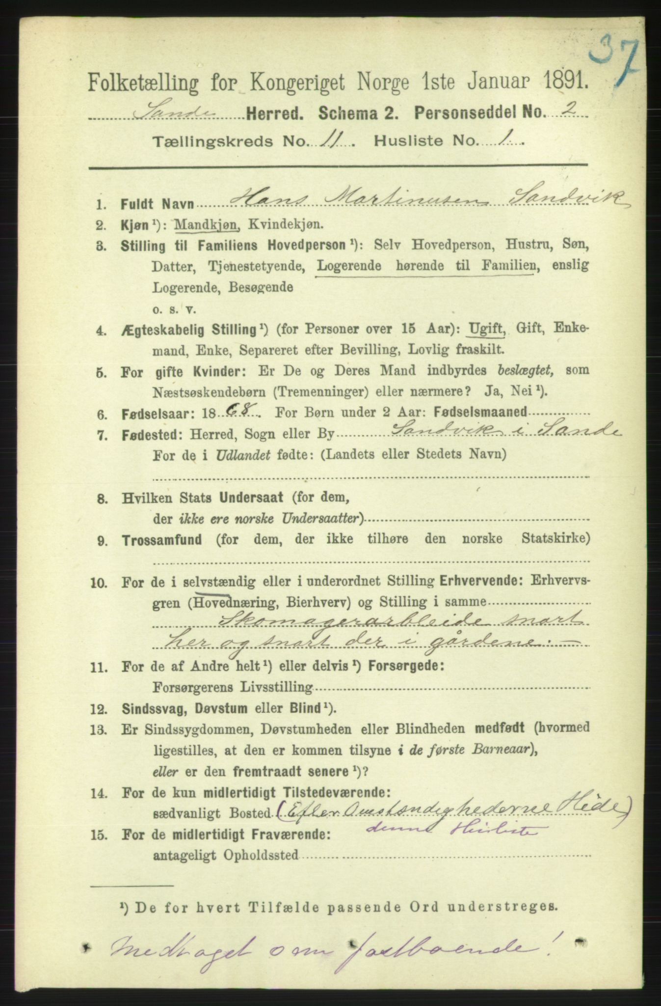 RA, 1891 census for 1514 Sande, 1891, p. 1966