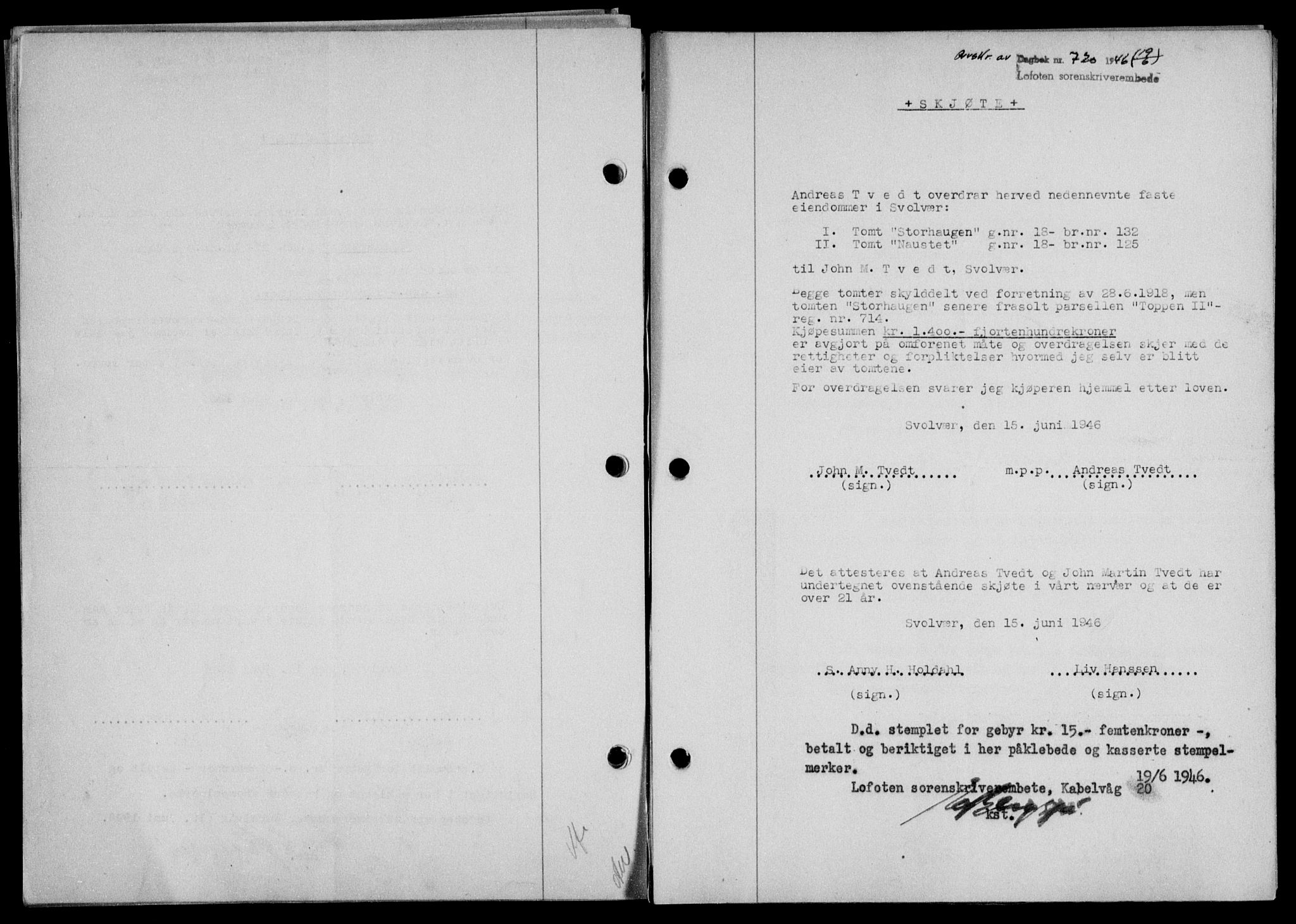 Lofoten sorenskriveri, SAT/A-0017/1/2/2C/L0014a: Mortgage book no. 14a, 1946-1946, Diary no: : 720/1946