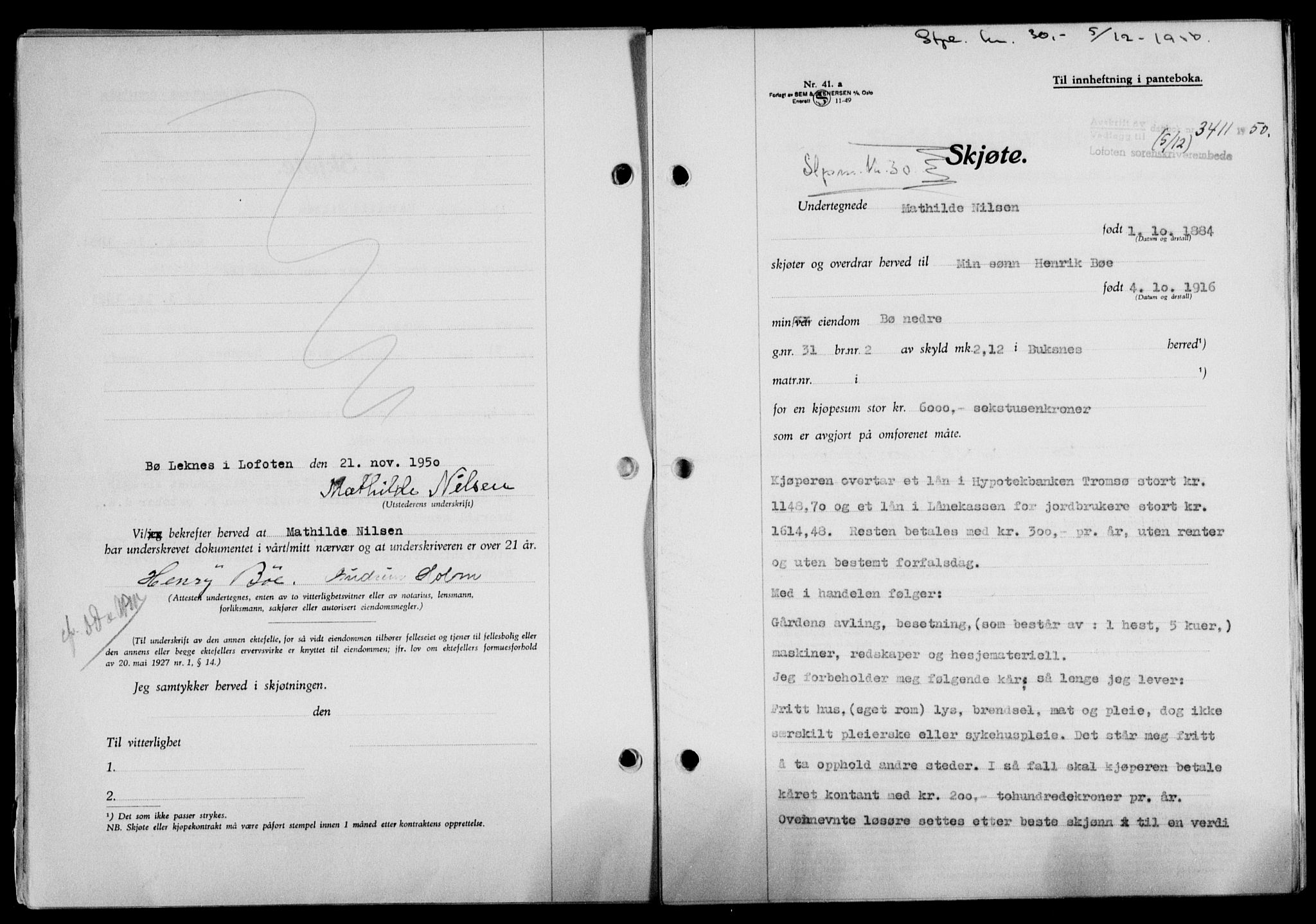 Lofoten sorenskriveri, SAT/A-0017/1/2/2C/L0025a: Mortgage book no. 25a, 1950-1951, Diary no: : 3411/1950