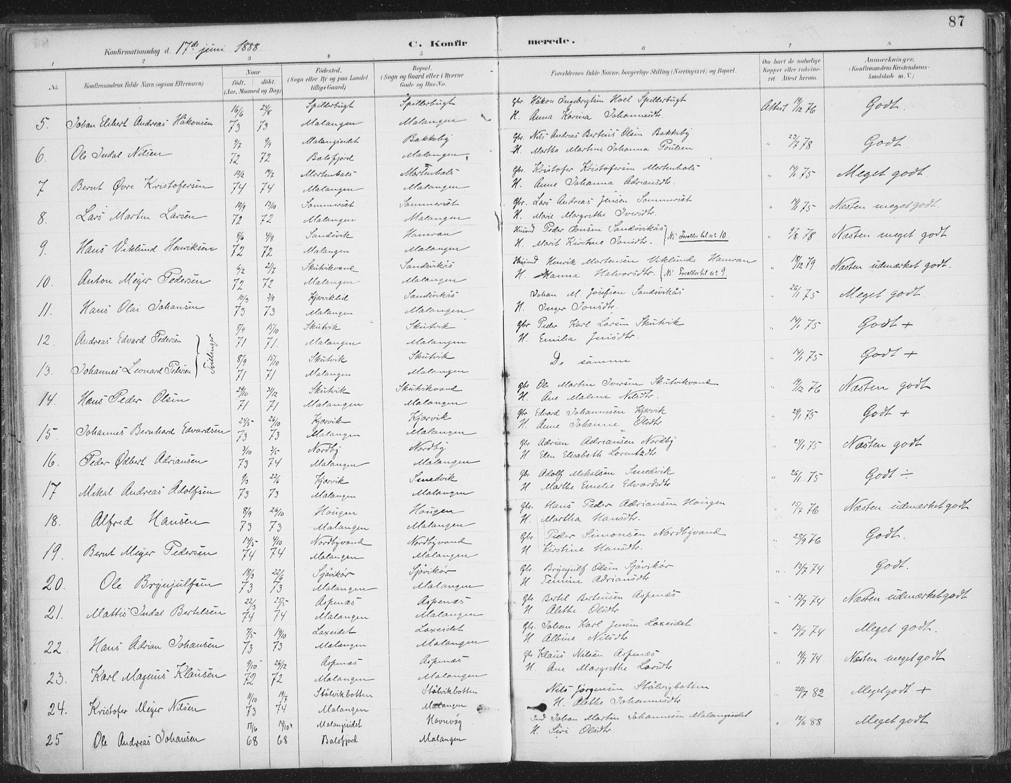 Balsfjord sokneprestembete, AV/SATØ-S-1303/G/Ga/L0007kirke: Parish register (official) no. 7, 1887-1909, p. 87