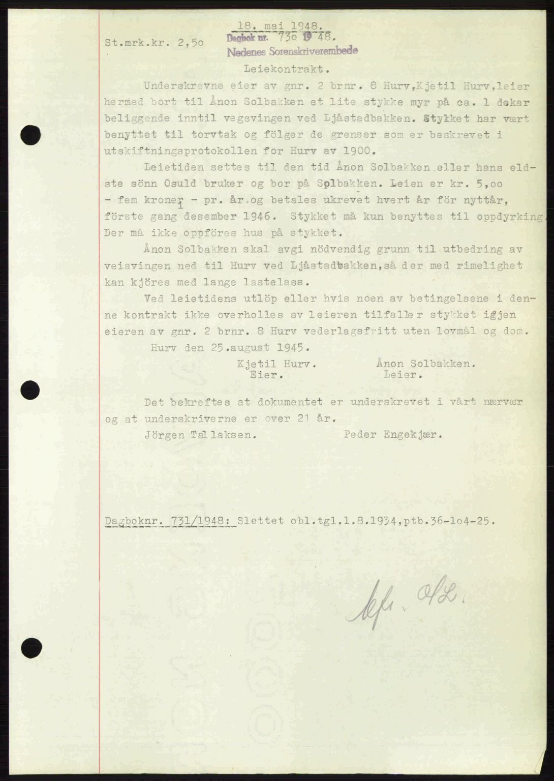 Nedenes sorenskriveri, AV/SAK-1221-0006/G/Gb/Gba/L0059: Mortgage book no. A11, 1948-1948, Diary no: : 730/1948