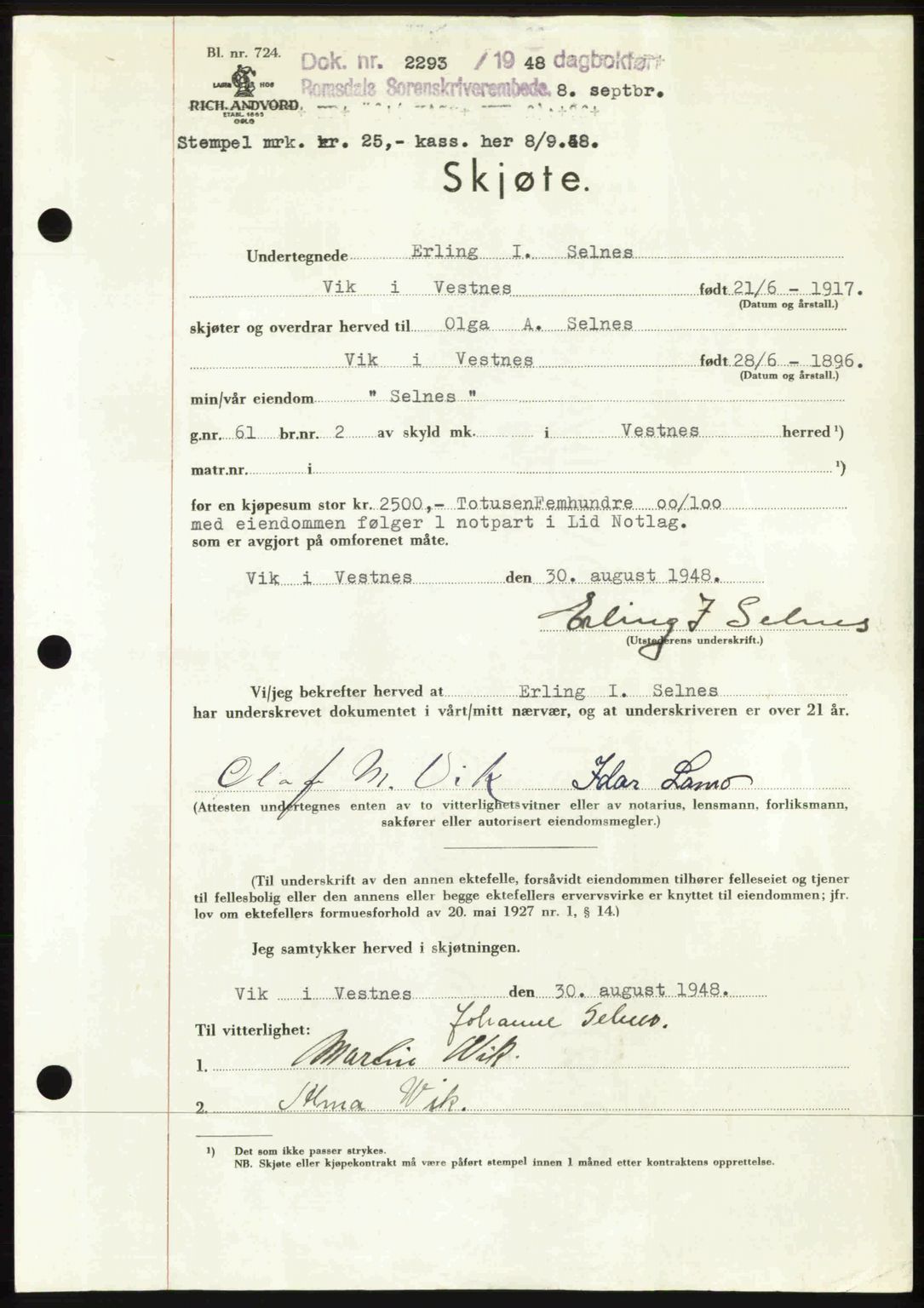 Romsdal sorenskriveri, AV/SAT-A-4149/1/2/2C: Mortgage book no. A27, 1948-1948, Diary no: : 2293/1948