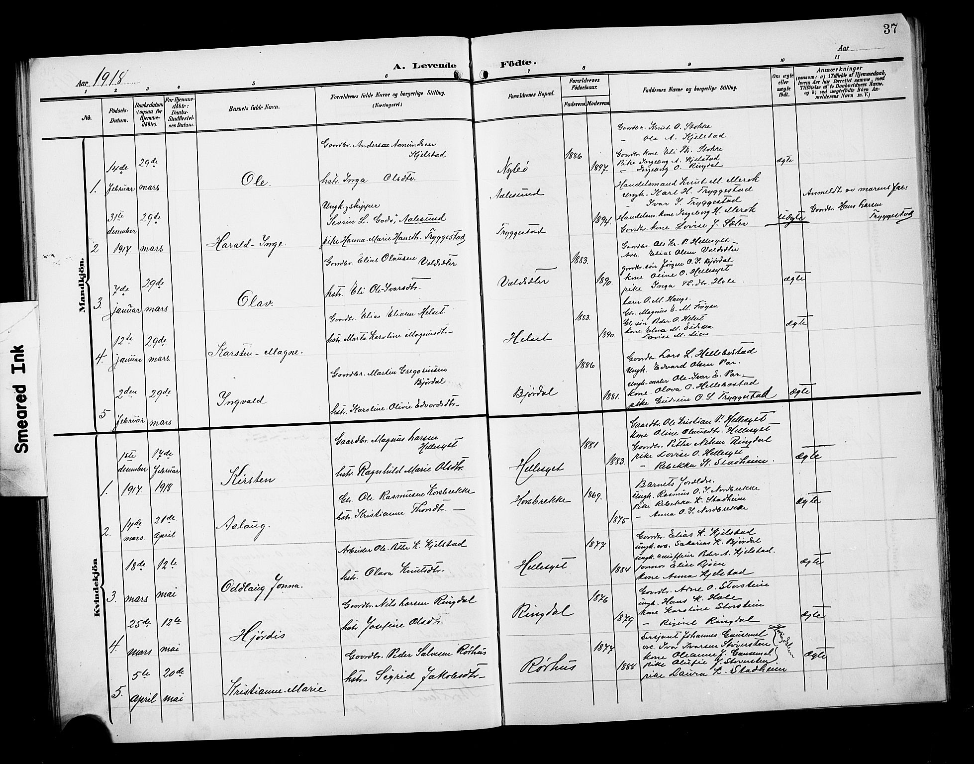 Ministerialprotokoller, klokkerbøker og fødselsregistre - Møre og Romsdal, SAT/A-1454/517/L0231: Parish register (copy) no. 517C04, 1904-1918, p. 37
