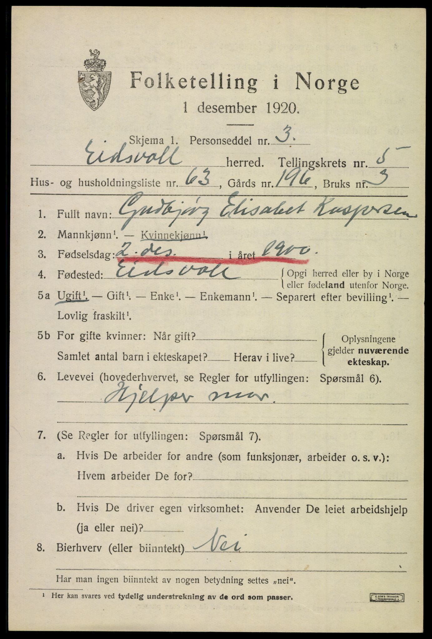 SAO, 1920 census for Eidsvoll, 1920, p. 10739