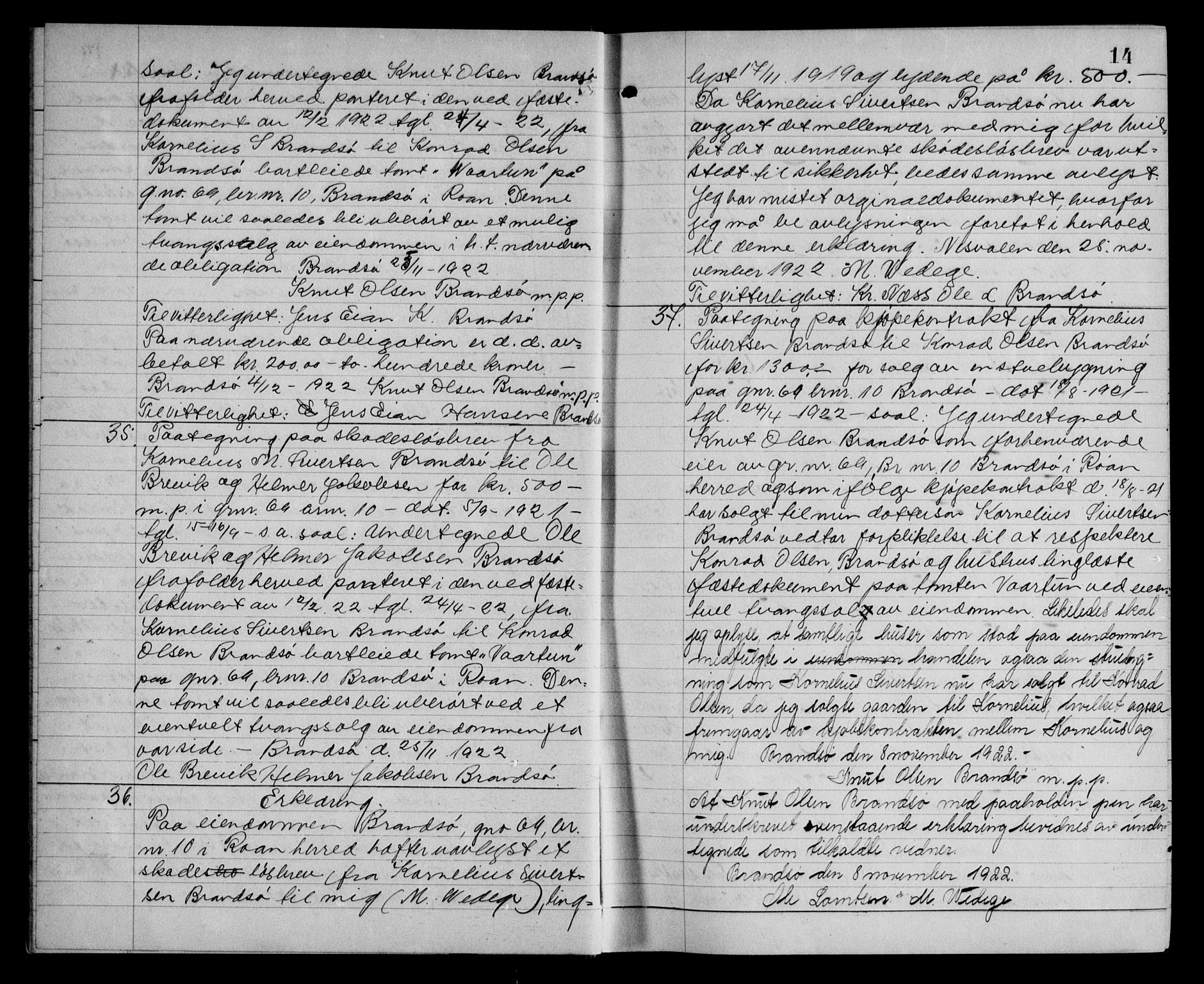 Fosen sorenskriveri, AV/SAT-A-1107/1/2/2C/L0059: Mortgage book no. 50, 1923-1923, p. 14