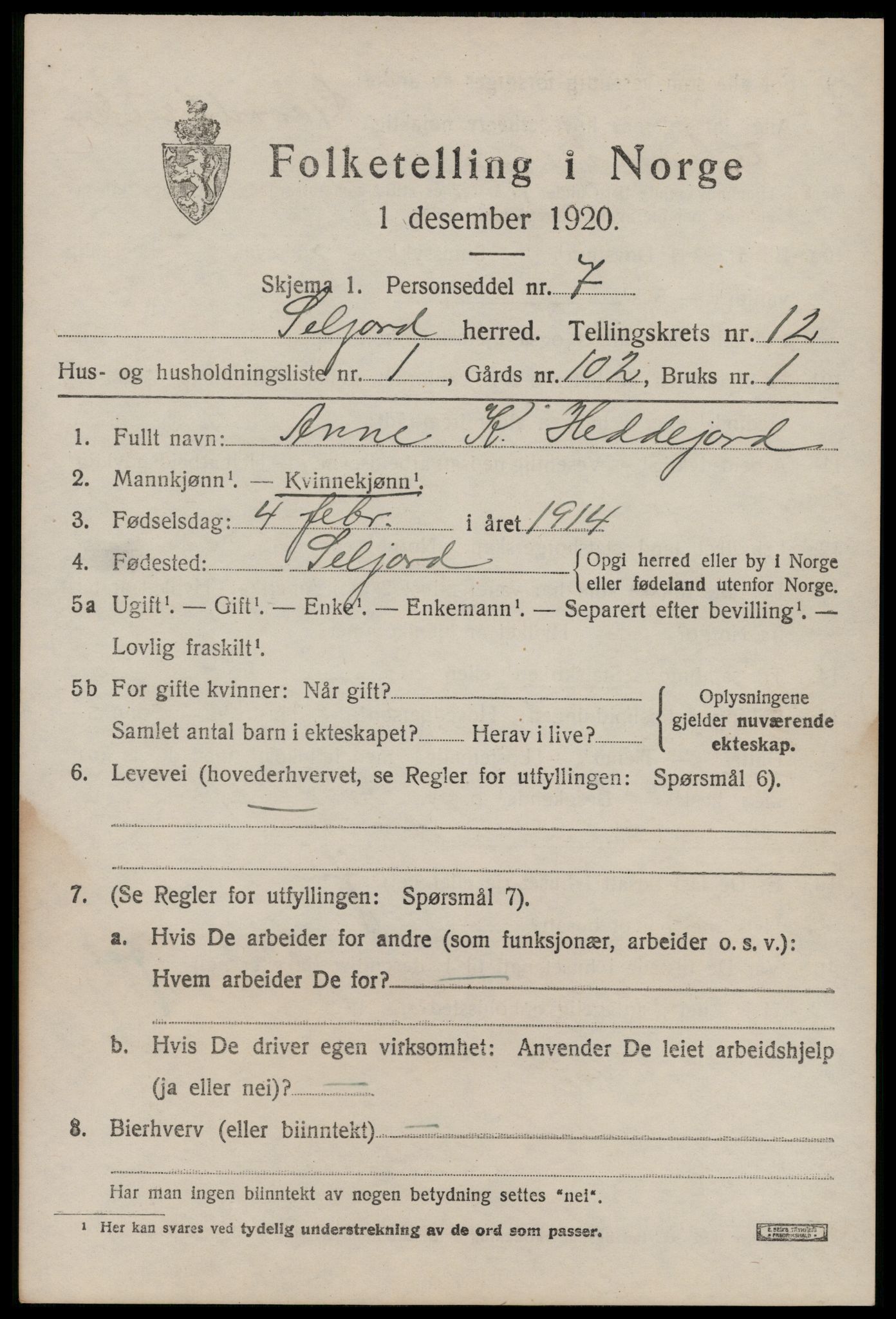 SAKO, 1920 census for Seljord, 1920, p. 5766