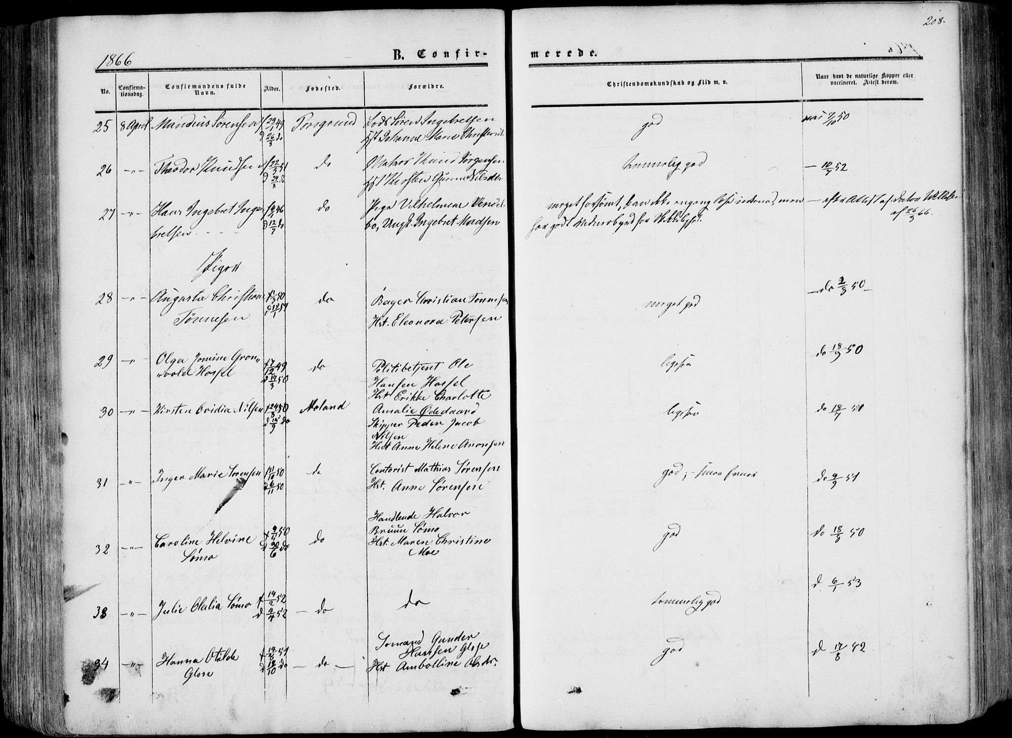 Porsgrunn kirkebøker , AV/SAKO-A-104/F/Fa/L0007: Parish register (official) no. 7, 1858-1877, p. 208