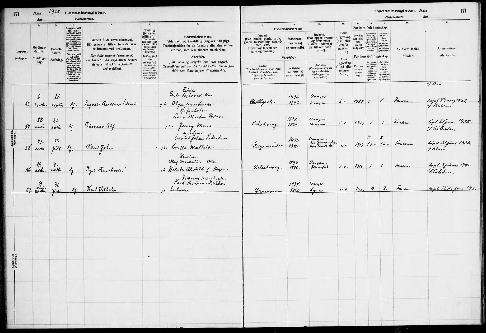 Ministerialprotokoller, klokkerbøker og fødselsregistre - Nordland, AV/SAT-A-1459/874/L1089: Birth register no. 874.II.4.1, 1916-1926, p. 171