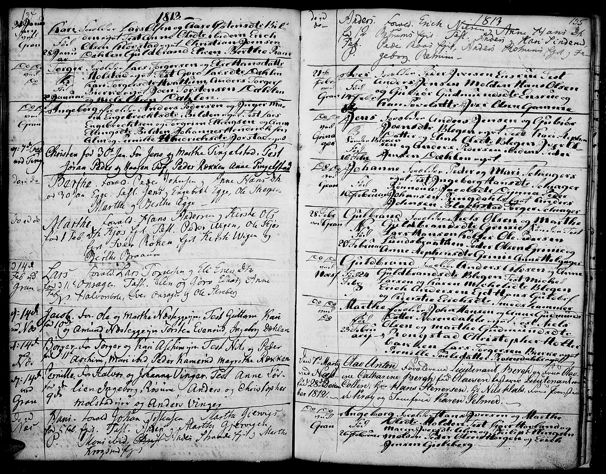 Gran prestekontor, AV/SAH-PREST-112/H/Ha/Haa/L0007: Parish register (official) no. 7, 1804-1815, p. 134-135