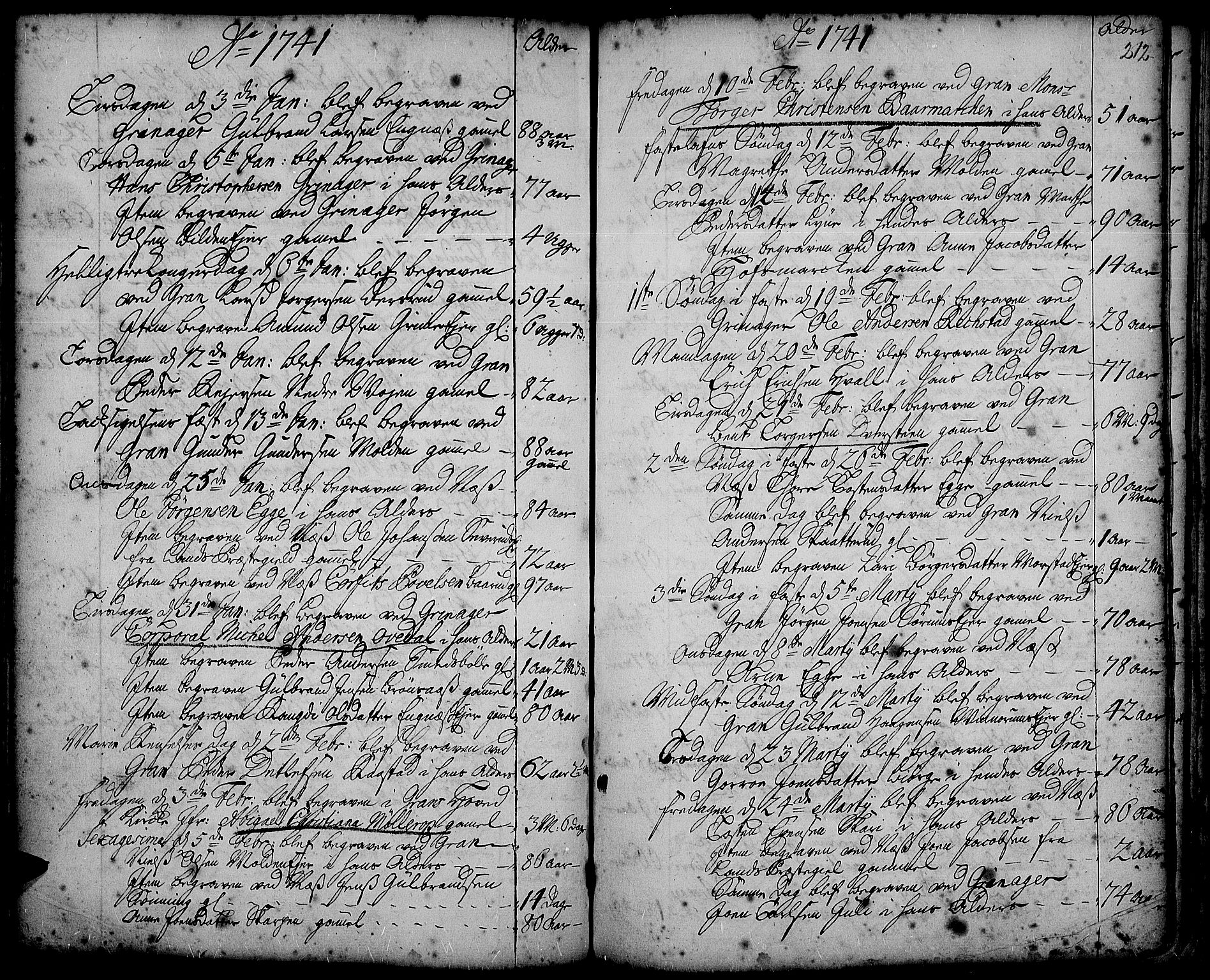 Gran prestekontor, SAH/PREST-112/H/Ha/Haa/L0002: Parish register (official) no. 2, 1732-1744, p. 212