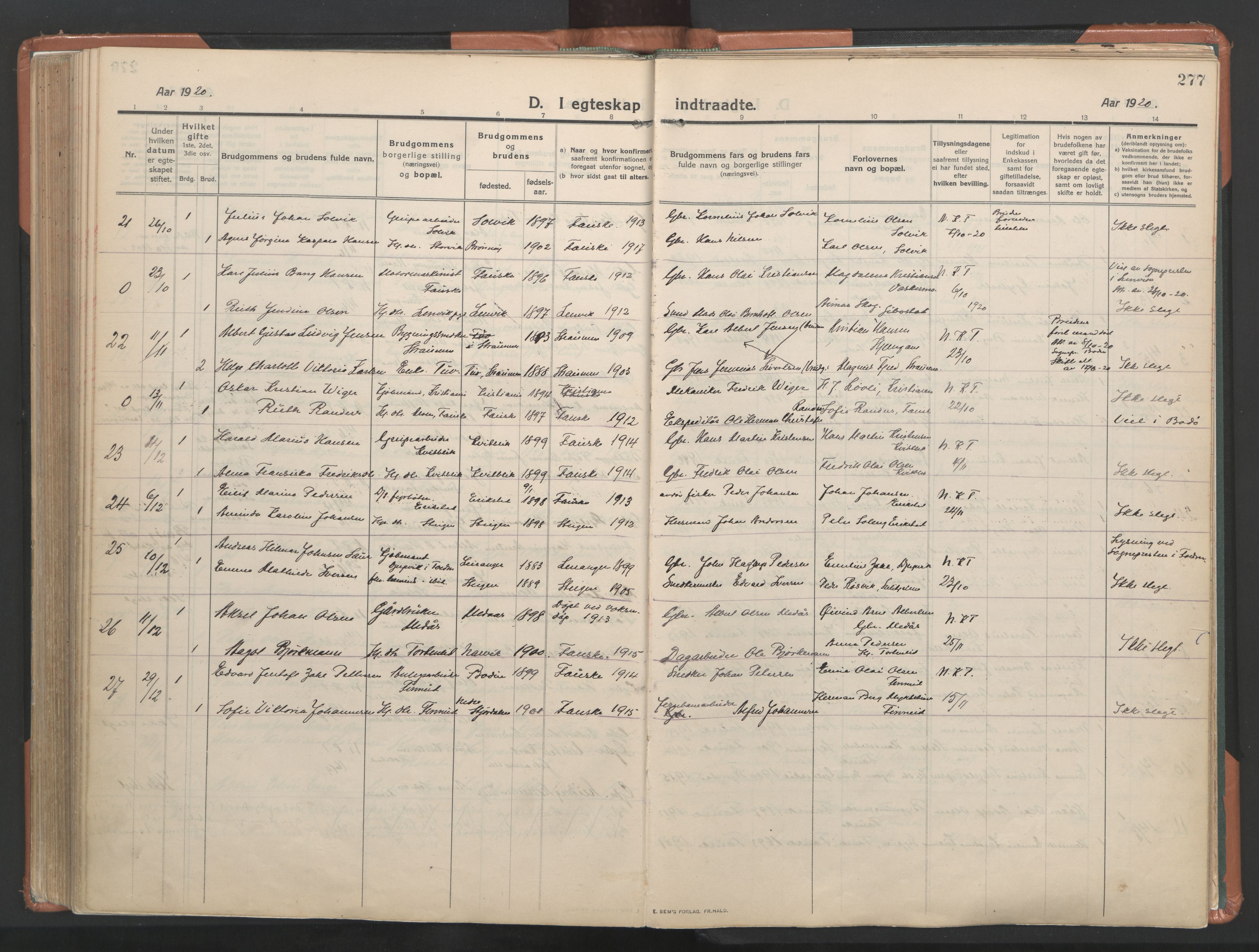 Ministerialprotokoller, klokkerbøker og fødselsregistre - Nordland, AV/SAT-A-1459/849/L0698: Parish register (official) no. 849A09, 1911-1924, p. 277