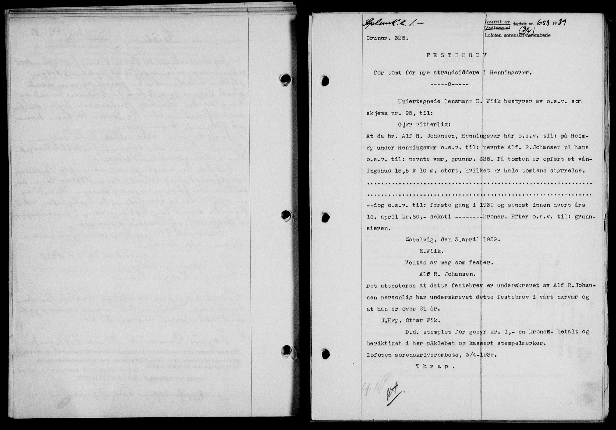 Lofoten sorenskriveri, SAT/A-0017/1/2/2C/L0005a: Mortgage book no. 5a, 1939-1939, Diary no: : 653/1939