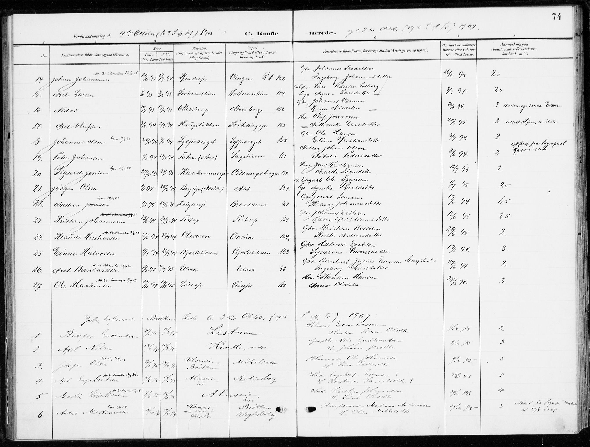 Ringsaker prestekontor, SAH/PREST-014/K/Ka/L0021: Parish register (official) no. 21, 1905-1920, p. 74