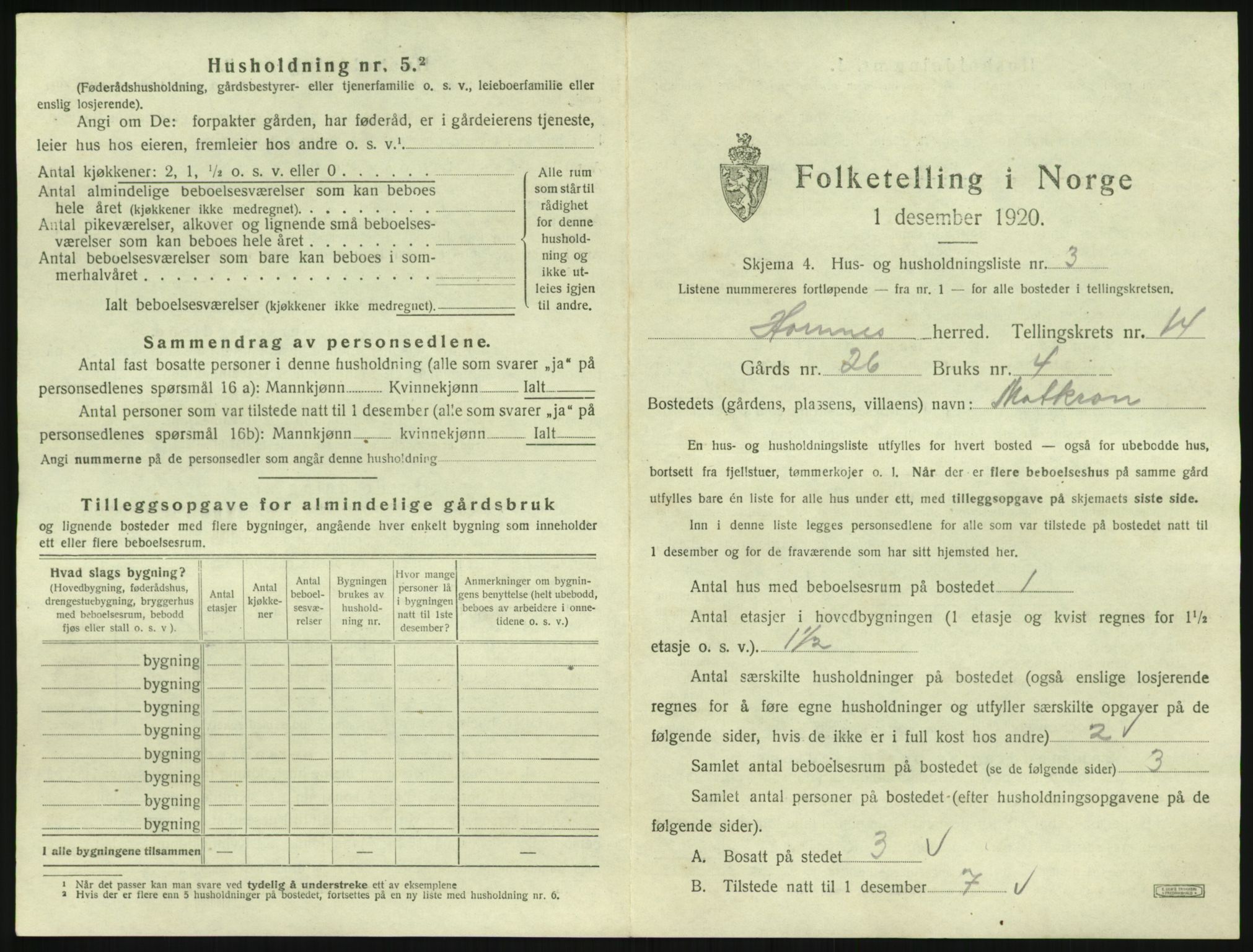 SAK, 1920 census for Hornnes, 1920, p. 543