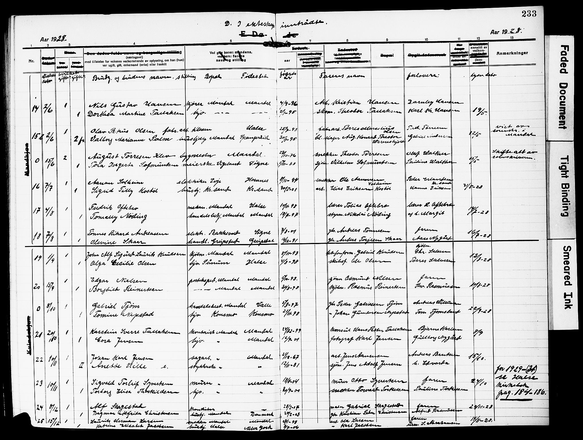 Mandal sokneprestkontor, AV/SAK-1111-0030/F/Fb/Fbc/L0001: Parish register (copy) no. B 1, 1918-1931, p. 233