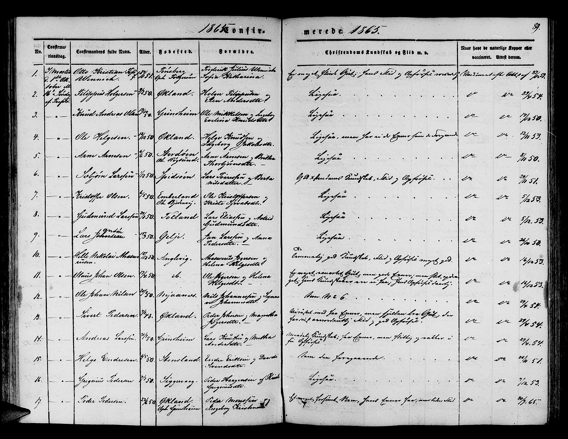 Finnås sokneprestembete, SAB/A-99925/H/Ha/Hab/Haba/L0001: Parish register (copy) no. A 1, 1851-1873, p. 89