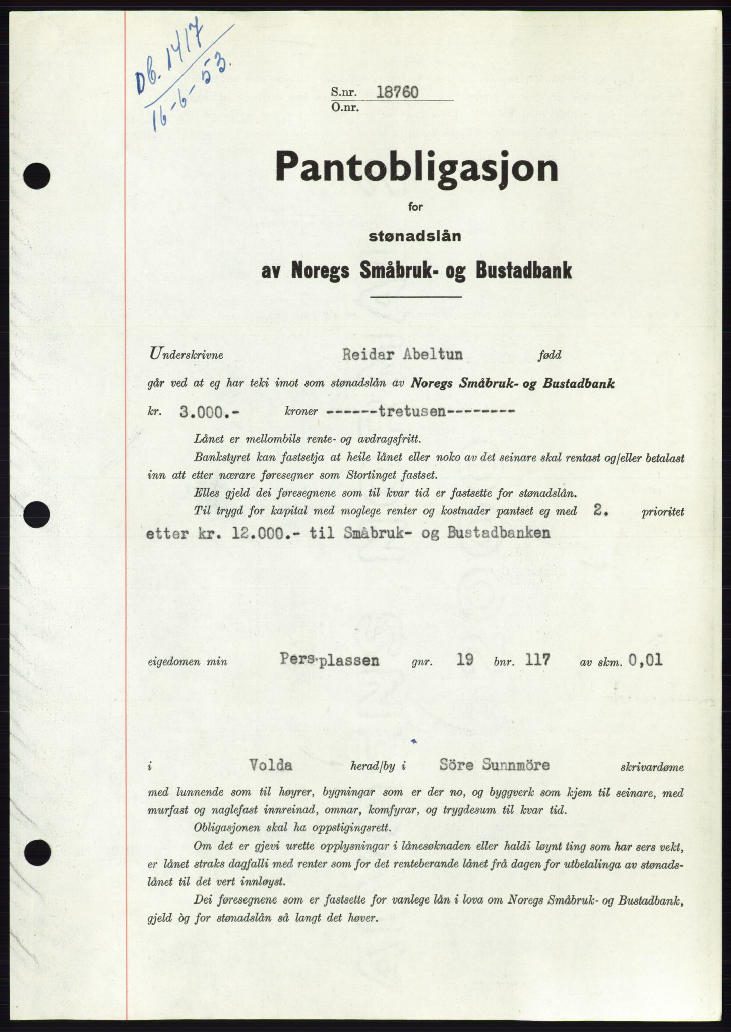 Søre Sunnmøre sorenskriveri, AV/SAT-A-4122/1/2/2C/L0123: Mortgage book no. 11B, 1953-1953, Diary no: : 1417/1953