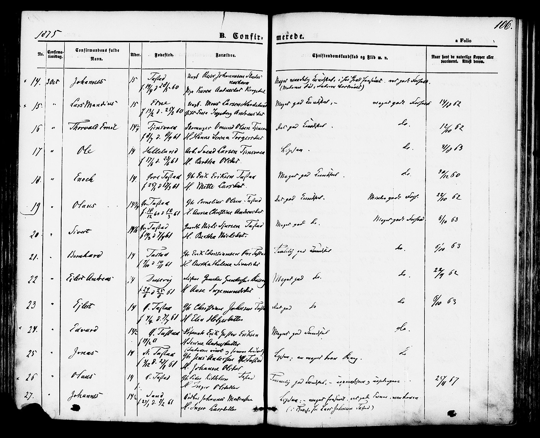 Hetland sokneprestkontor, AV/SAST-A-101826/30/30BA/L0004: Parish register (official) no. A 4, 1862-1881, p. 106