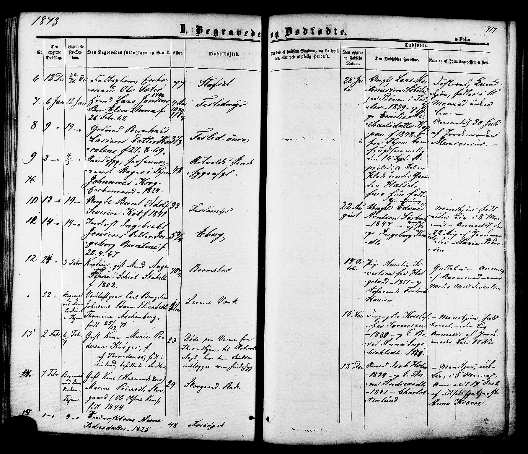 Ministerialprotokoller, klokkerbøker og fødselsregistre - Sør-Trøndelag, SAT/A-1456/606/L0293: Parish register (official) no. 606A08, 1866-1877, p. 417