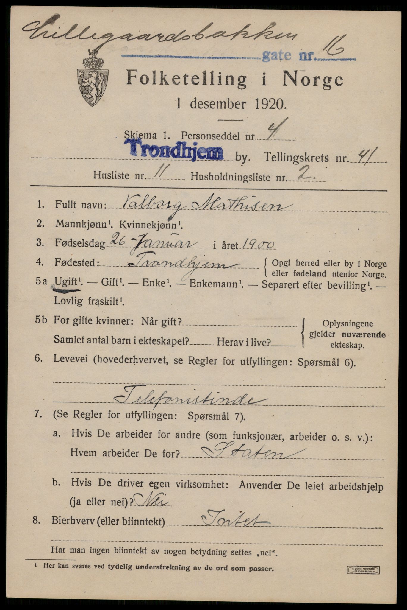 SAT, 1920 census for Trondheim, 1920, p. 91098