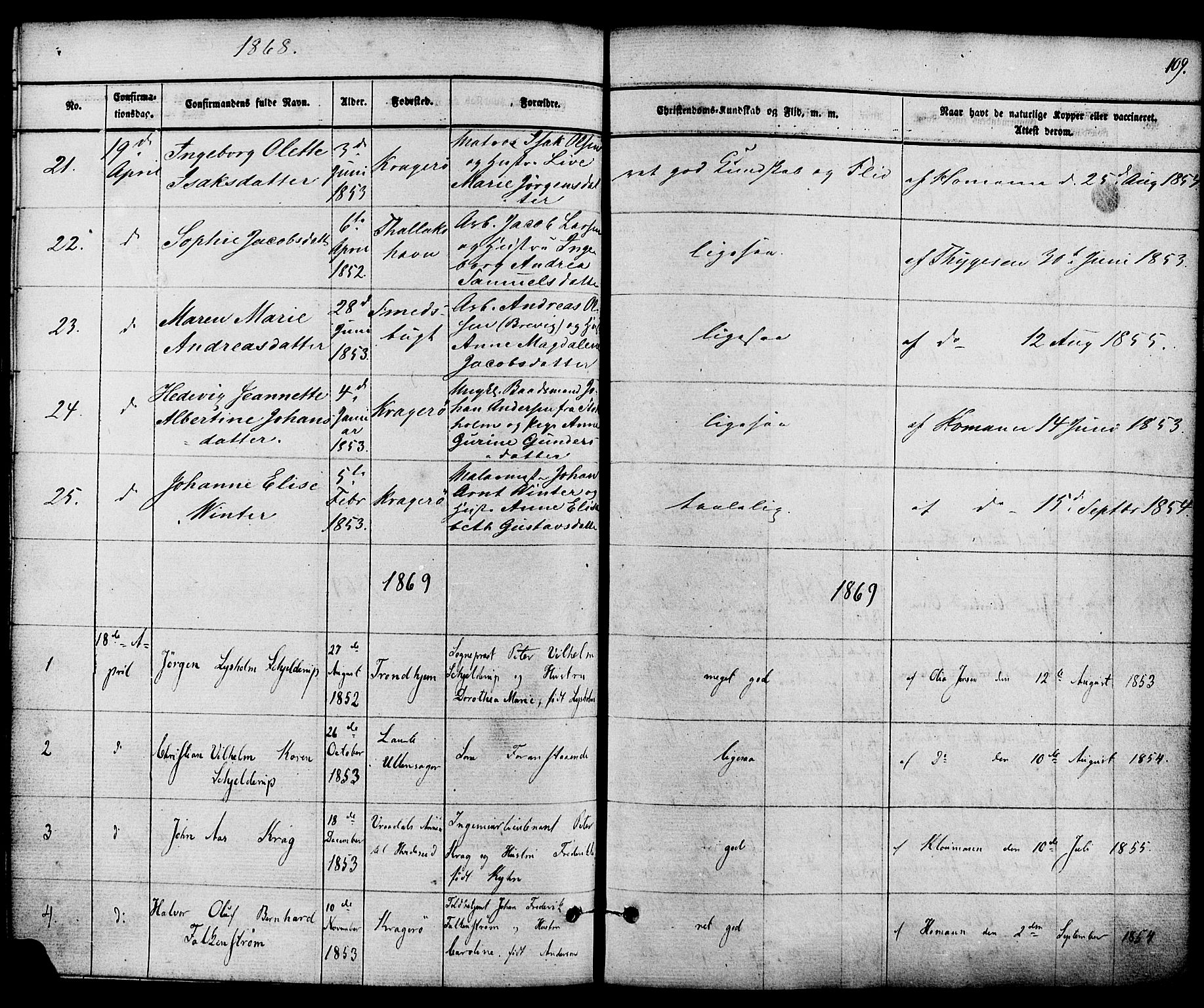 Kragerø kirkebøker, SAKO/A-278/F/Fa/L0008: Parish register (official) no. 8, 1856-1880, p. 109