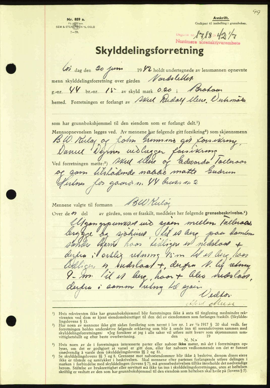 Nordmøre sorenskriveri, AV/SAT-A-4132/1/2/2Ca: Mortgage book no. A93, 1942-1942, Diary no: : 1718/1942