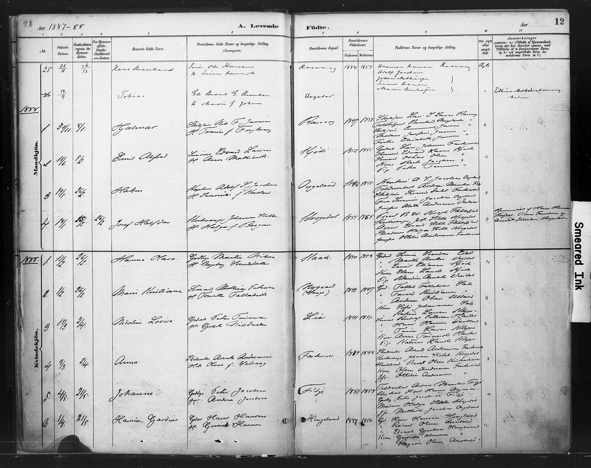 Flekkefjord sokneprestkontor, AV/SAK-1111-0012/F/Fa/Fab/L0006: Parish register (official) no. A 6, 1886-1901, p. 12