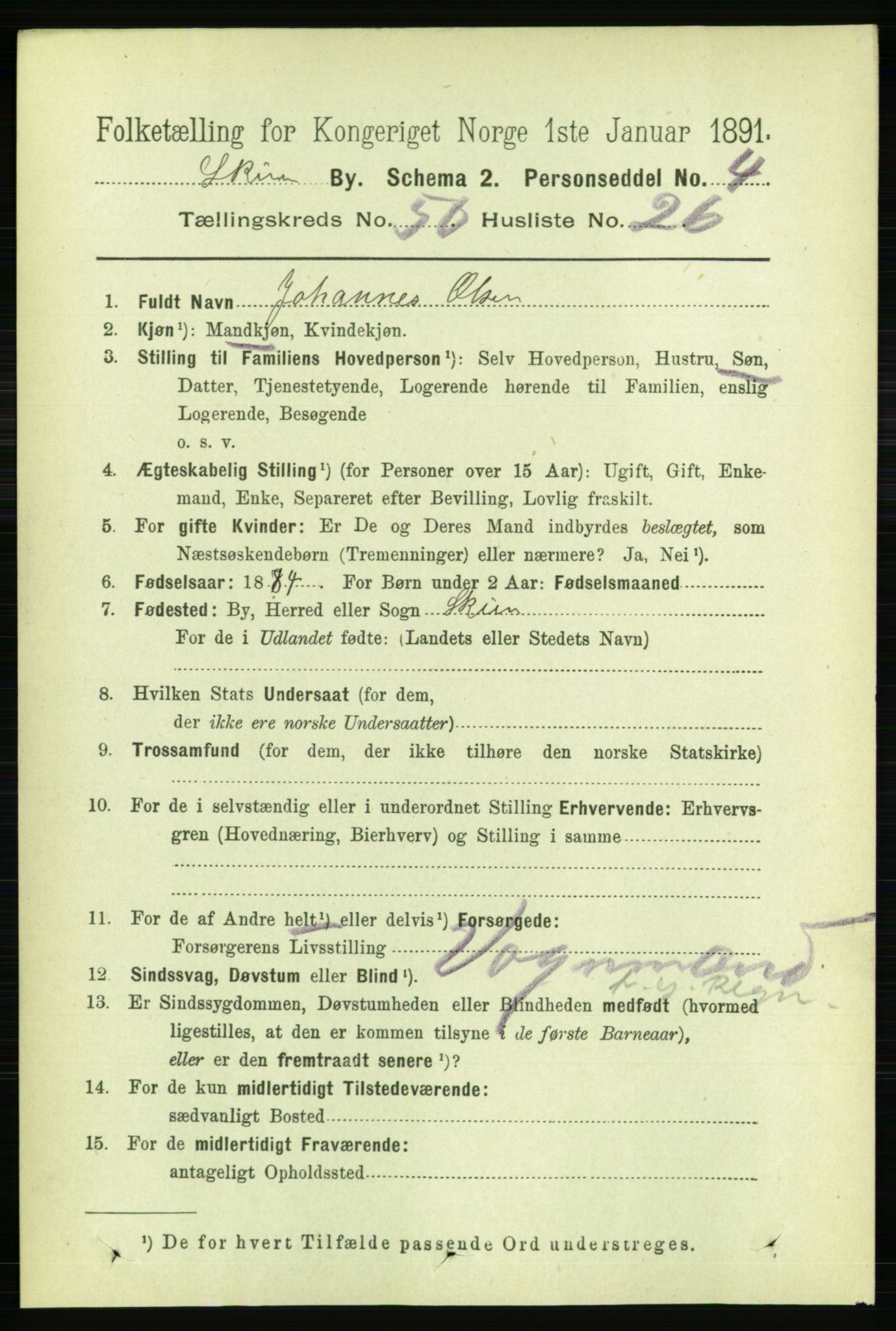 RA, 1891 census for 0806 Skien, 1891, p. 11031