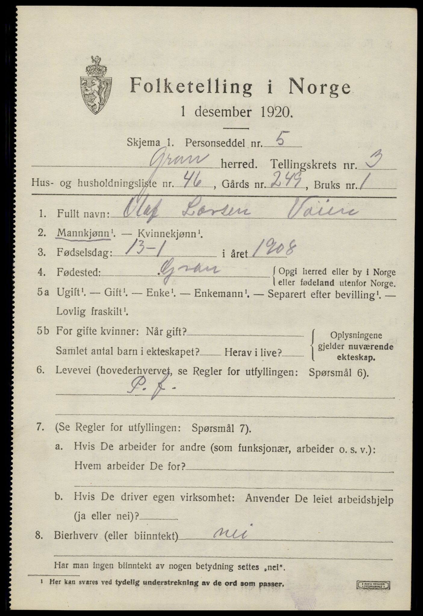 SAH, 1920 census for Gran, 1920, p. 5752