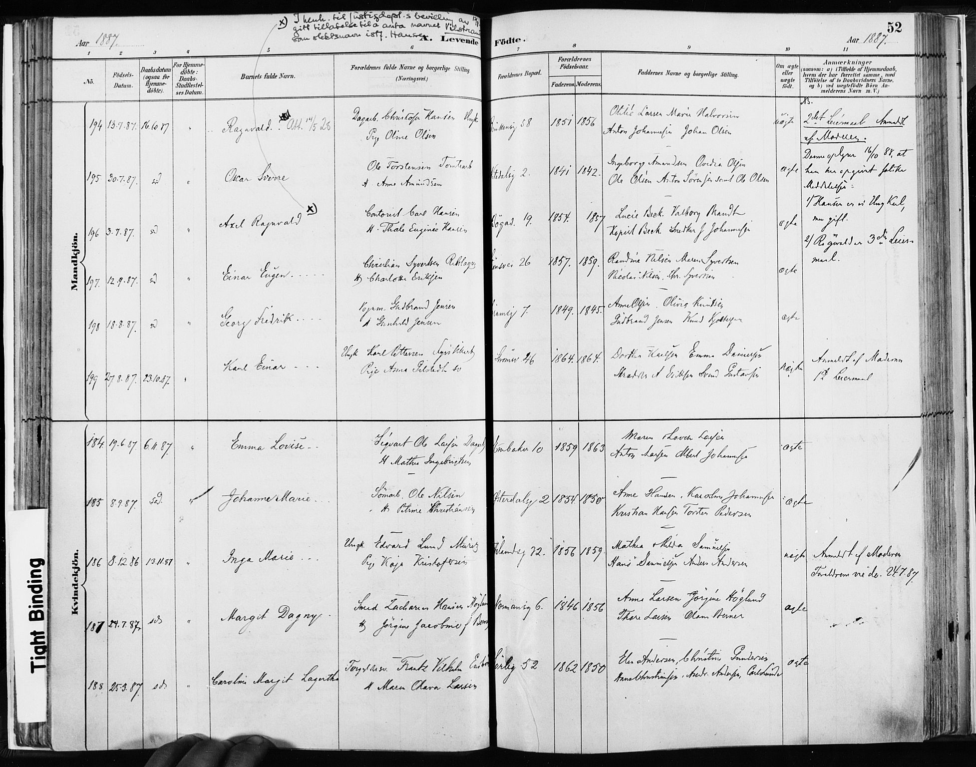 Kampen prestekontor Kirkebøker, AV/SAO-A-10853/F/Fa/L0003: Parish register (official) no. I 3, 1886-1892, p. 52