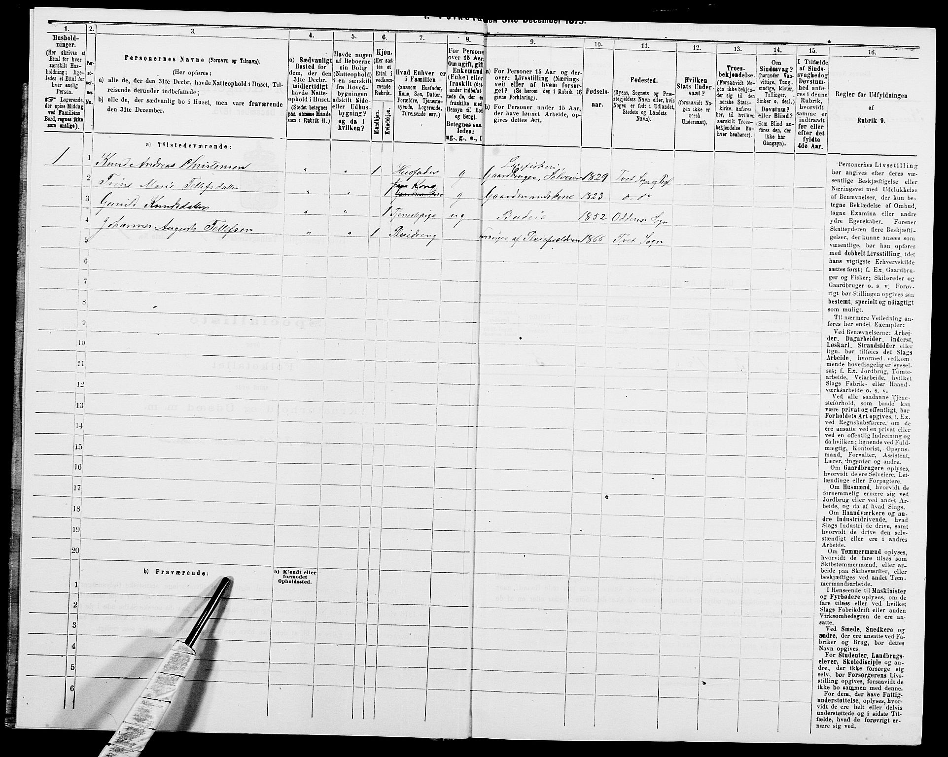 SAK, 1875 census for 1013P Tveit, 1875, p. 58