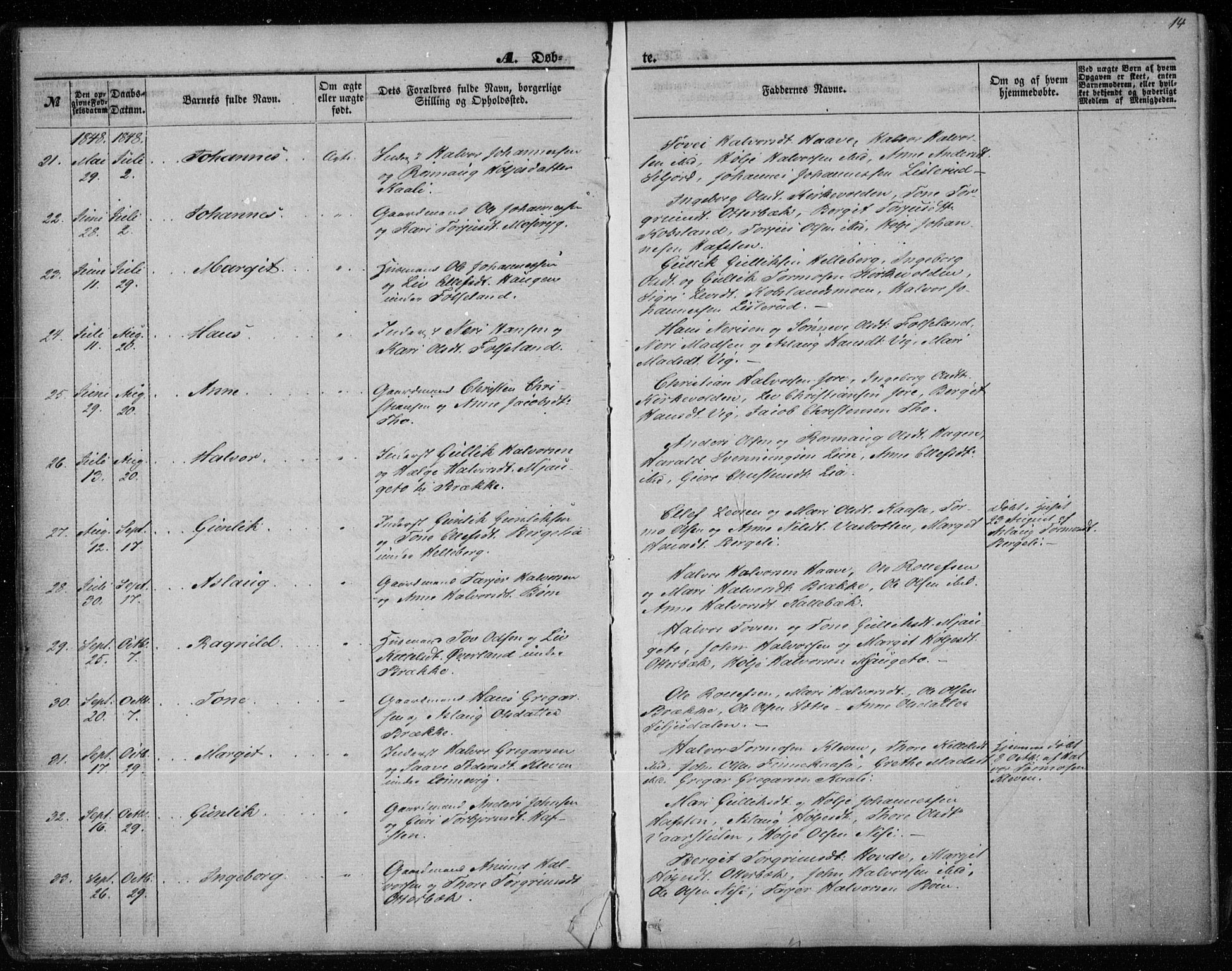 Gransherad kirkebøker, SAKO/A-267/F/Fa/L0002: Parish register (official) no. I 2, 1844-1859, p. 14